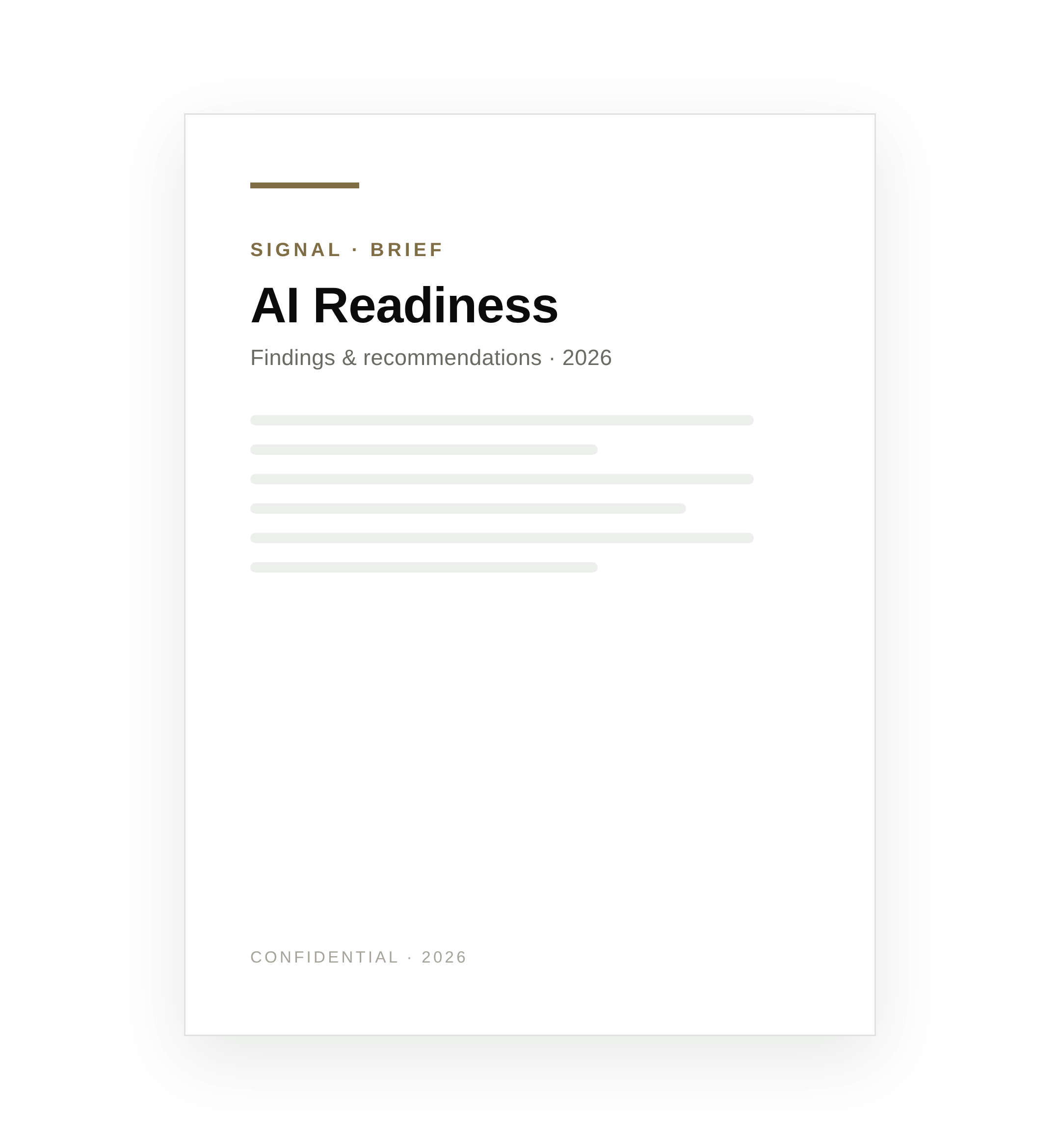 A white document with a green border, titled 'Signal Brief: AI Readiness' with a subtitle 'Findings & recommendations 2026' and a footer labeled 'Confidential 2026'.