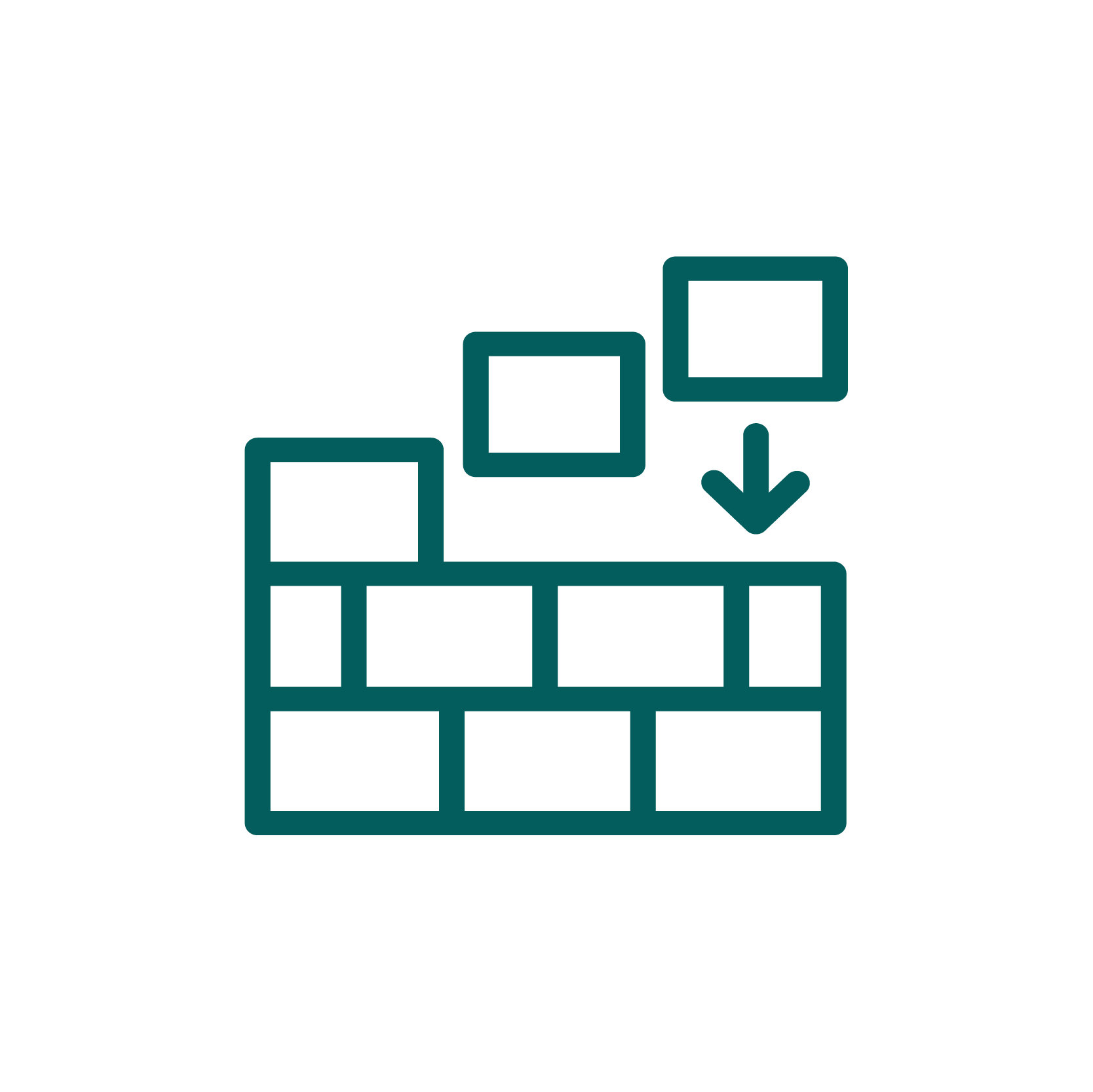 Diagram of a multi-step process showing three squares on top of a rectangular base, with a downward arrow pointing from the top square to the base.
