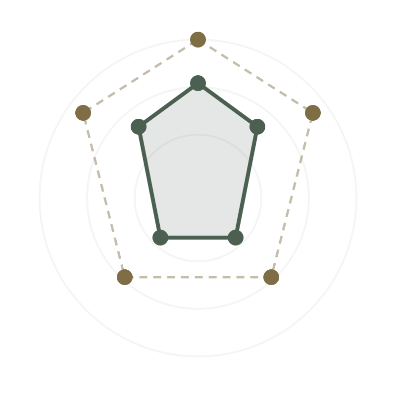 Radar chart with five axes and labeled data points connected by lines in the center and outer points marked with brown dots.