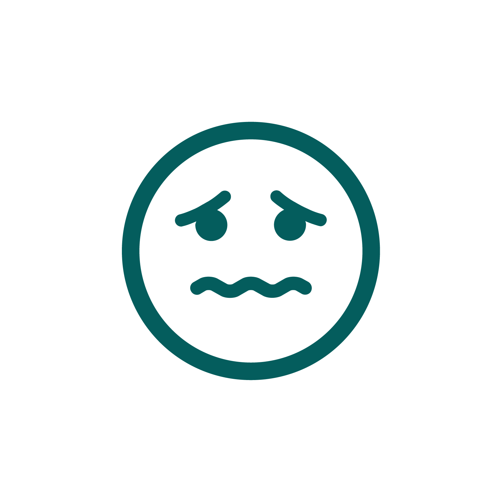 A distressed face emoji with furrowed eyebrows, teary eyes, and a wavy mouth, enclosed in a blue circle.