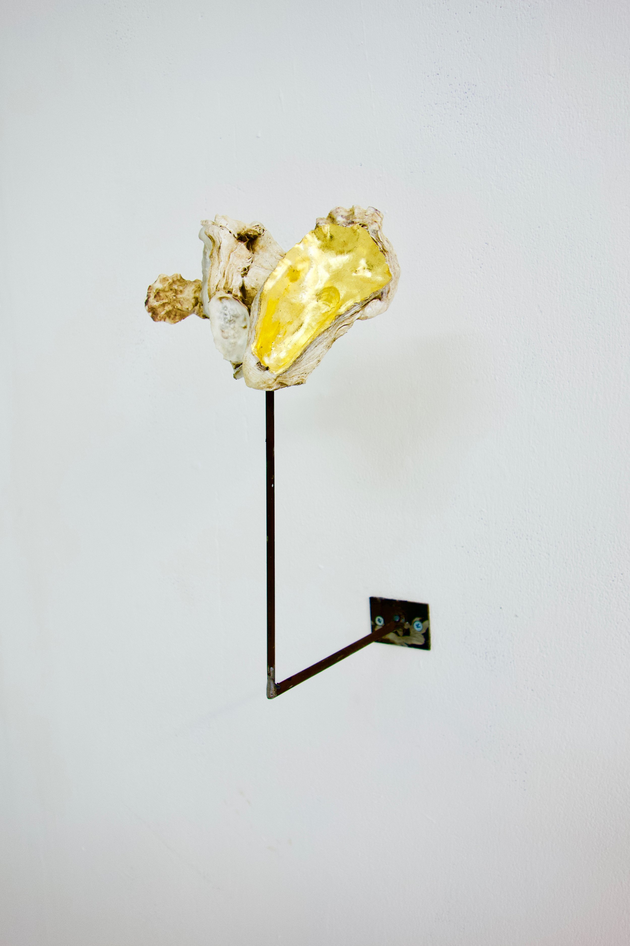 Your rage is your gold , oyster shell and gold leaf on welded metal stand, 39 x 20 cm, £595.jpeg