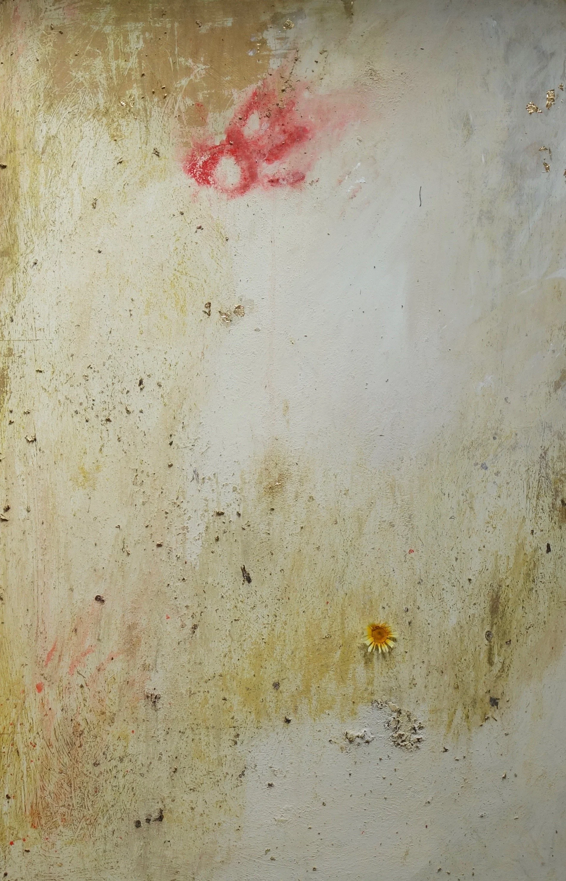 4 Sun _ Gold leaf, dandelion seeds, yellow flowers, limestone, sand on wooden panel (unframed) 80 x 120 cm _ 2022.jpeg