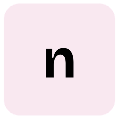 A pink square with a rounded corner and a black lowercase letter 'n' in the center.