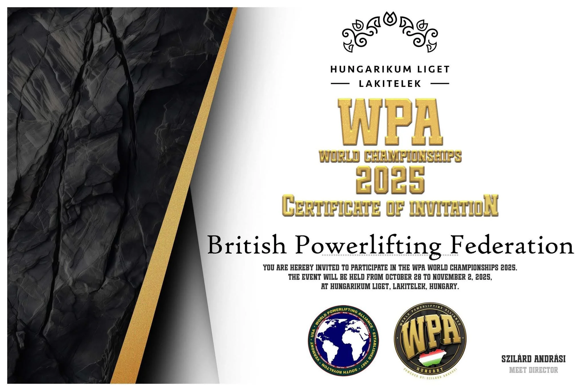 Certificate of invitation for the 2025 WPA World Championships awarded to the British Powerlifting Federation, held at Hungarikum Liget, Lakitelek, Hungary, from October 28 to November 2, 2025, featuring logos of WPA and the British Powerlifting Federation.
