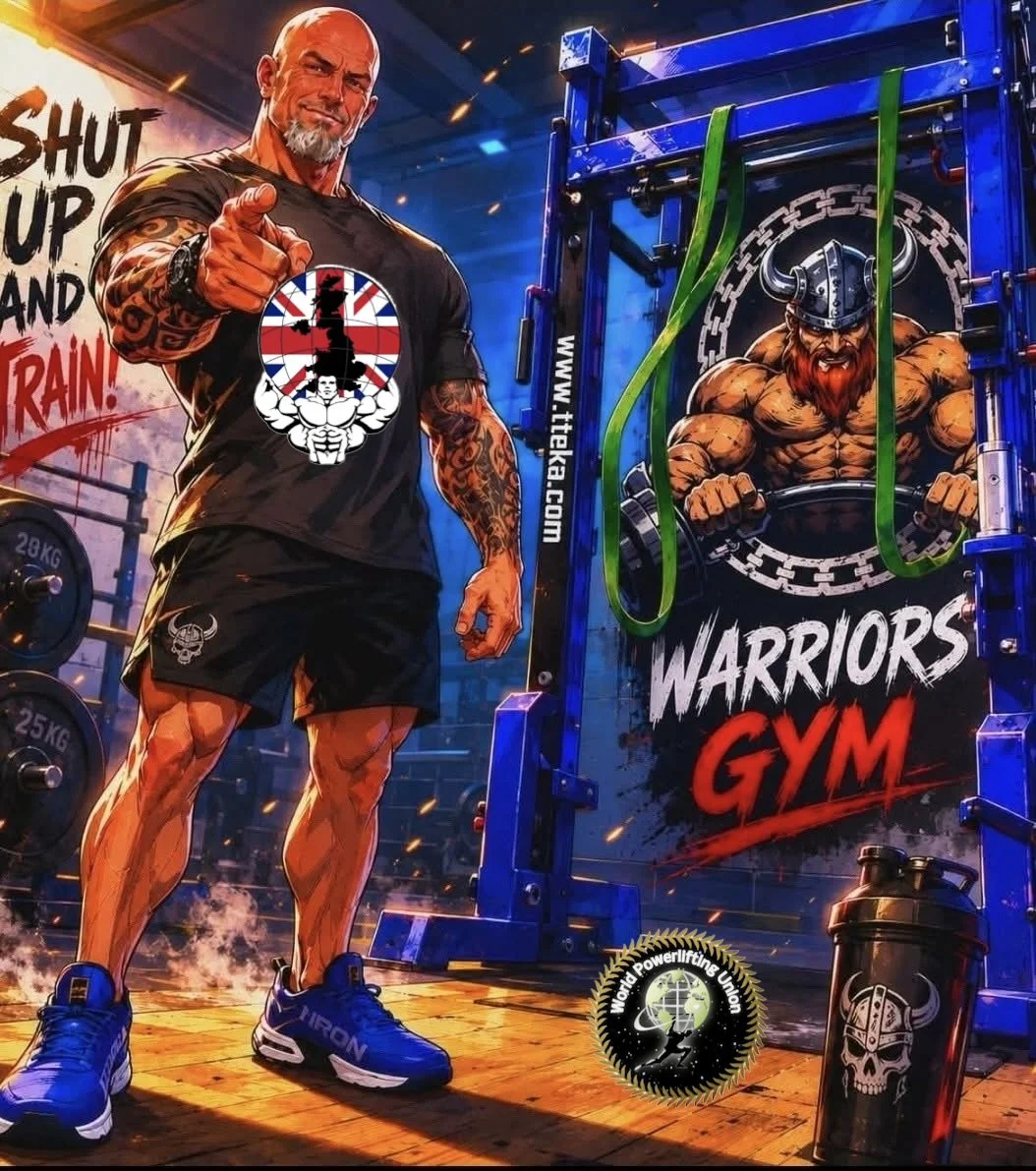 A muscular man lifting a barbell in a gym with a mountain and bear-themed mural in the background that says 'NORTH'.