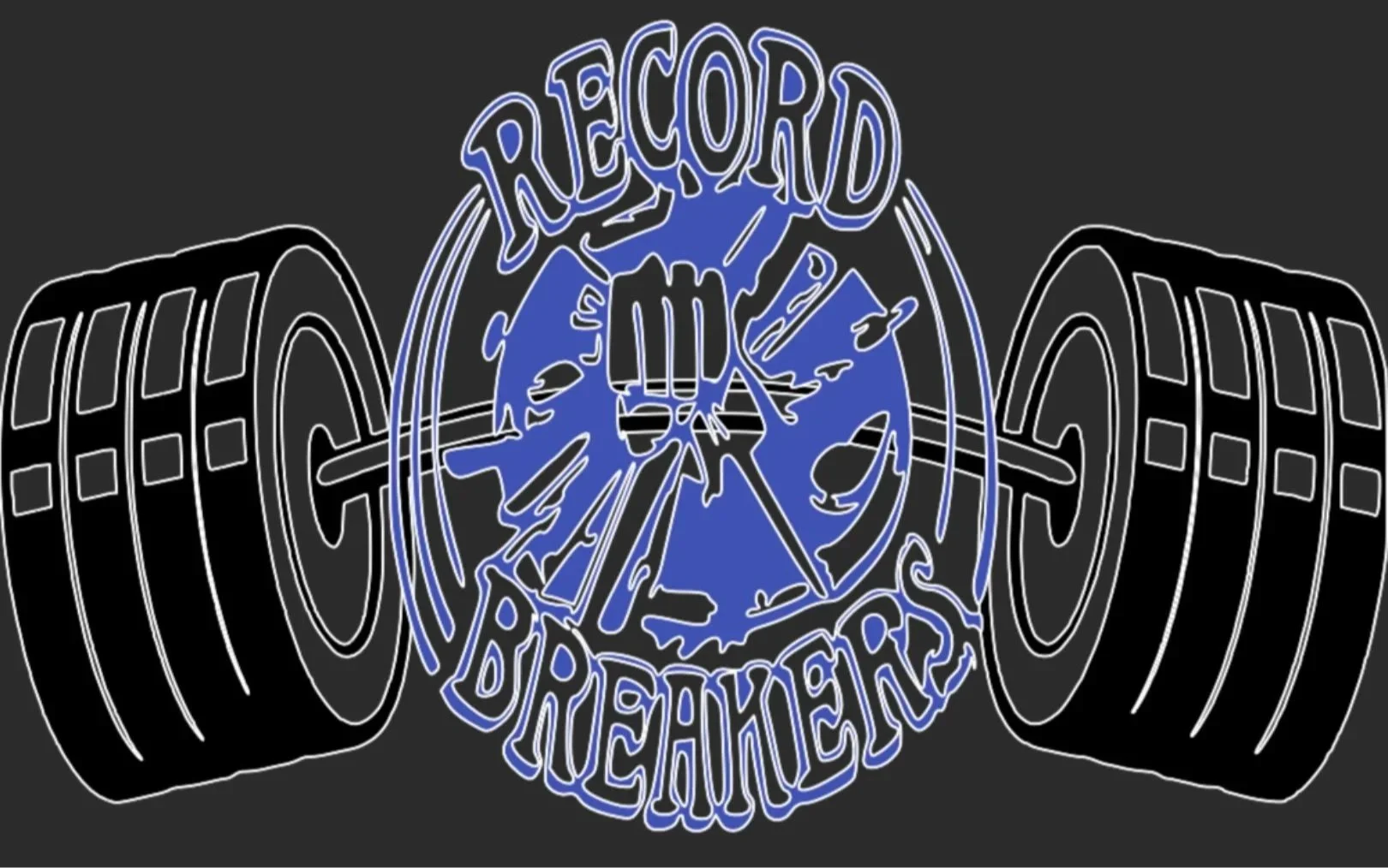 Image of a logo with the words 'Recordo' and 'Breathing' around a winged skull in black outlines and blue background, flanked by two weights.