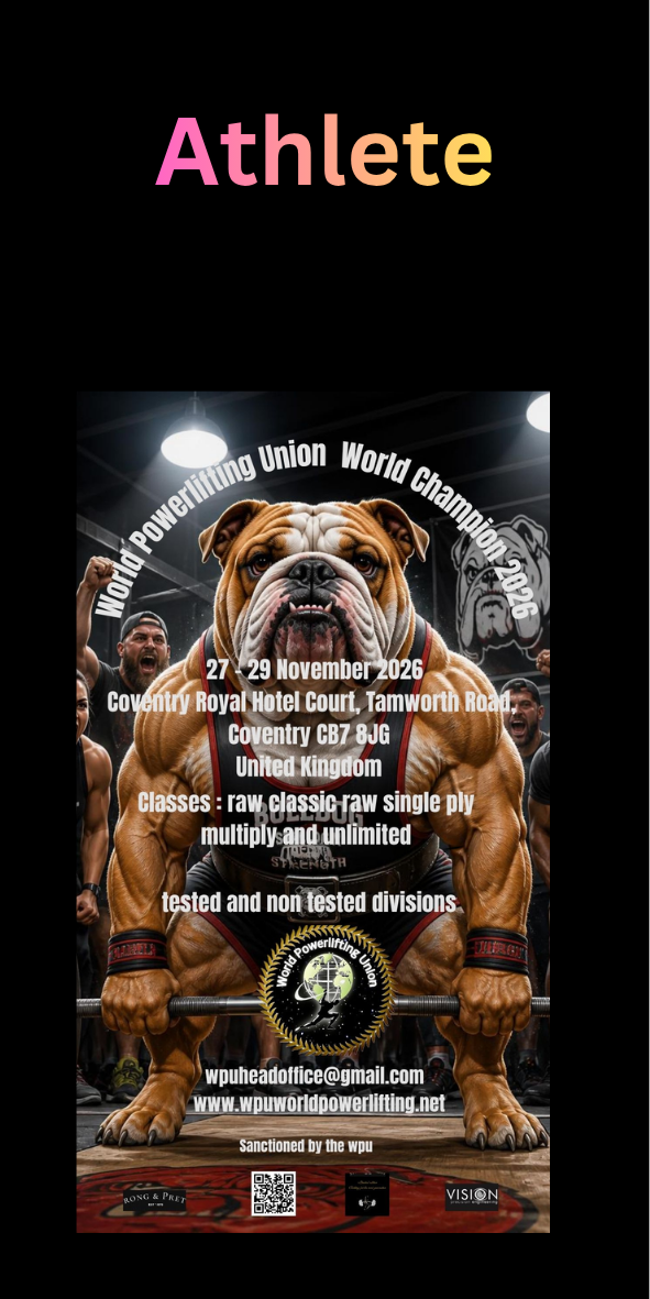 Event flyer for the World Powerlifting Championship 2025, organized by the Raw Powerlifting Federation India, featuring pictures of Mr. Jagpreet Singh Captain and Mr. Marcus Griffiths Lady Griffiths, with details about the competition dates, venue, categories, and contact information, and illustrations of two tigers lifting barbells.