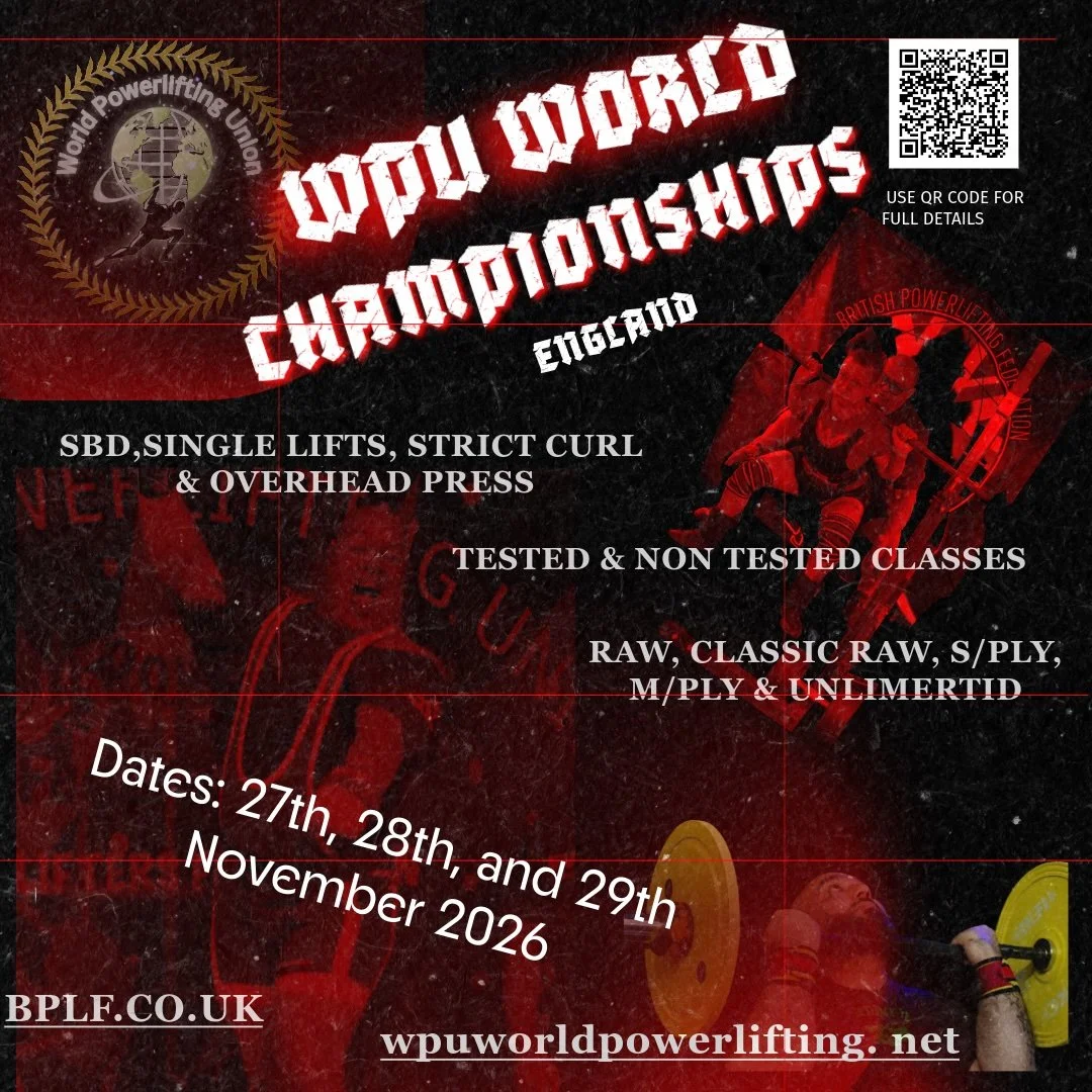 Event flyer for the World Powerlifting Championship 2025, organized by the Raw Powerlifting Federation India, featuring pictures of Mr. Jagpreet Singh Captain and Mr. Marcus Griffiths Lady Griffiths, with details about the competition dates, venue, categories, and contact information, and illustrations of two tigers lifting barbells.
