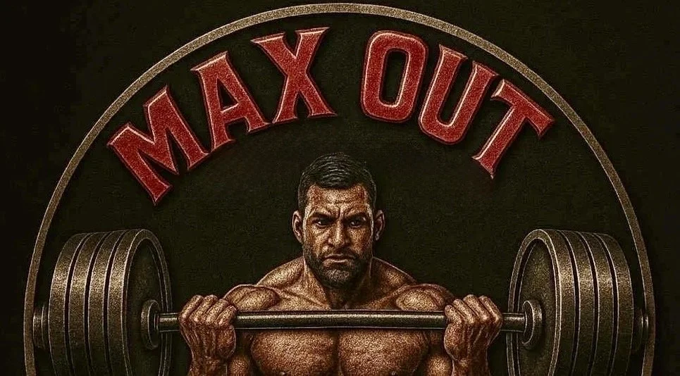 Logo for a weightlifting competition called MAX OUT NORTH EAST at Powerhouse Fitness Cramlington on October 5, 2025. Features a muscular man lifting a barbell.