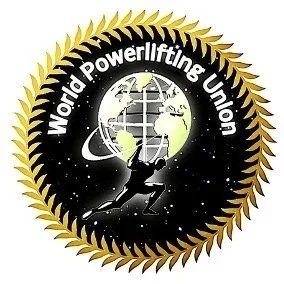 Logo of the World Powerlifting Union featuring a globe with a barbell and a person lifting weights surrounded by a black and gold border.