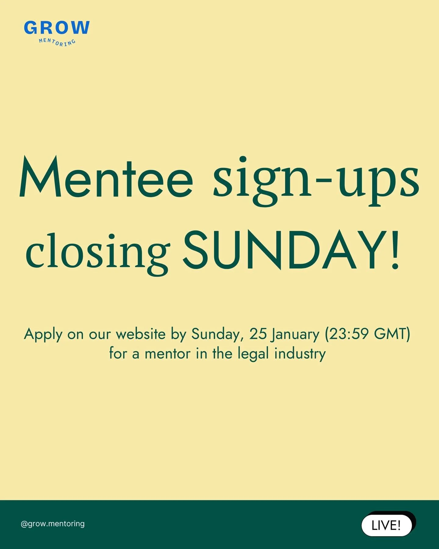 Mentee sign-ups close THIS WEEK! 

Head to our website (🔗 in bio) by this Sunday, 25 January (23:59 GMT) if you&rsquo;re an aspiring lawyer looking for tailored guidance into the industry! 

Our team will try to pair you with a mentor based on mutua