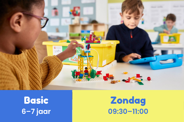 Eindhoven • LEGO® Robotica cursus (6–7 jaar) • Basic (Motion module) • Zondag 09:30–11:00 (12 lessen) • 10 jan–18 apr (geen les: 14 & 21 feb, 28 mrt) • NL/EN
