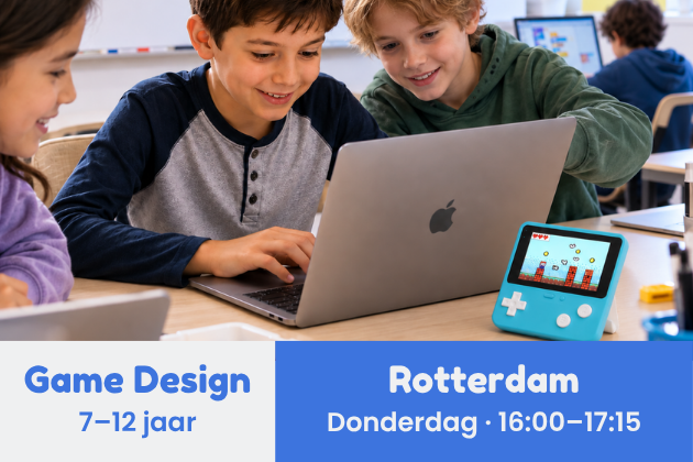 Rotterdam • Game Design & Programmeren cursus (7+ jaar) • Donderdag 16:00–17:15 (14 lessen) • 14 jan–22 apr (geen les op 18 feb) • NL/EN