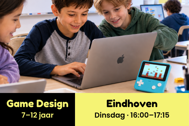 Eindhoven • Game Design & Programmeren cursus (7+ jaar) • Dinsdag 16:00–17:15 (14 lessen) • 12 jan–20 apr (geen les op 16 feb) • NL/EN