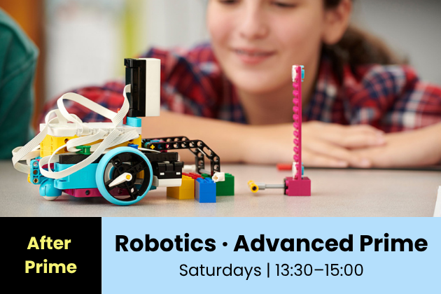 Amsterdam • Prime–Gevorderd Robotica Cursus • Zaterdag 13:30 – 15:00 (7 weken) • 10 jan – 14 mrt (geen lessen op 24 jan, 21 & 28 feb) • NL/EN