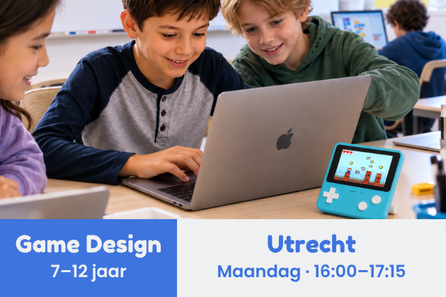 Utrecht • Game Design & Programmeren cursus (7+ jaar) • Maandag 16:00–17:15 (14 lessen) • 11 jan–19 apr (geen les op 15 feb) • NL/EN