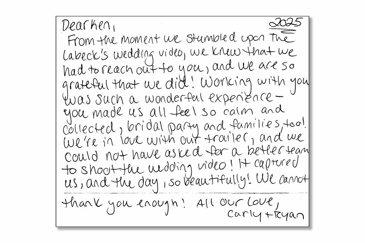 I love when stuff like this happens.
I received this wonderful thank you card in the mail from Carly and Ryan. Thank you for putting your trust in our team to capture your wedding video!
I had totally forgotten that Carly and Ryan heard about us th