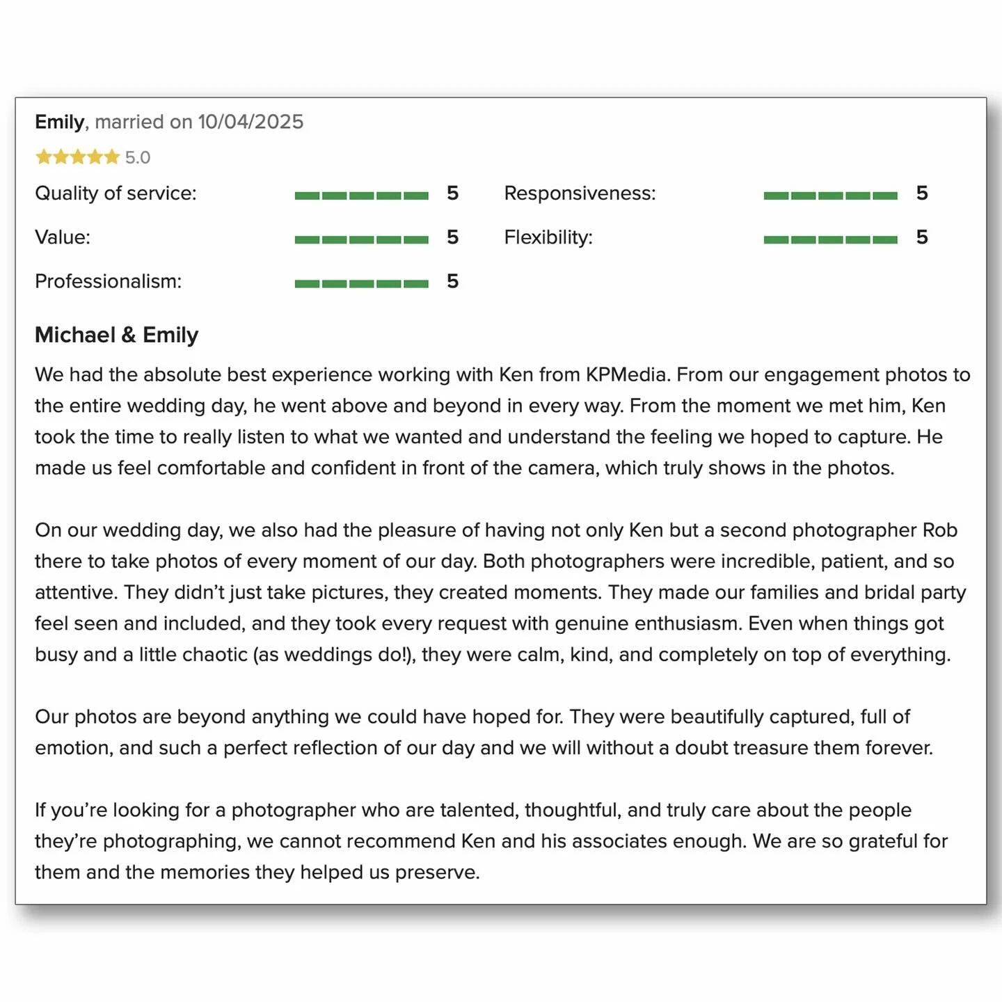 Aw shucks, this is just about the nicest review ever! Thank you to Emily and Mike for the amazing experience it was to work with you!

#weddings #brideandgroom #engagementshoot #weddingphotography #weddinginspiration #weddingphotoinspiration #wedding