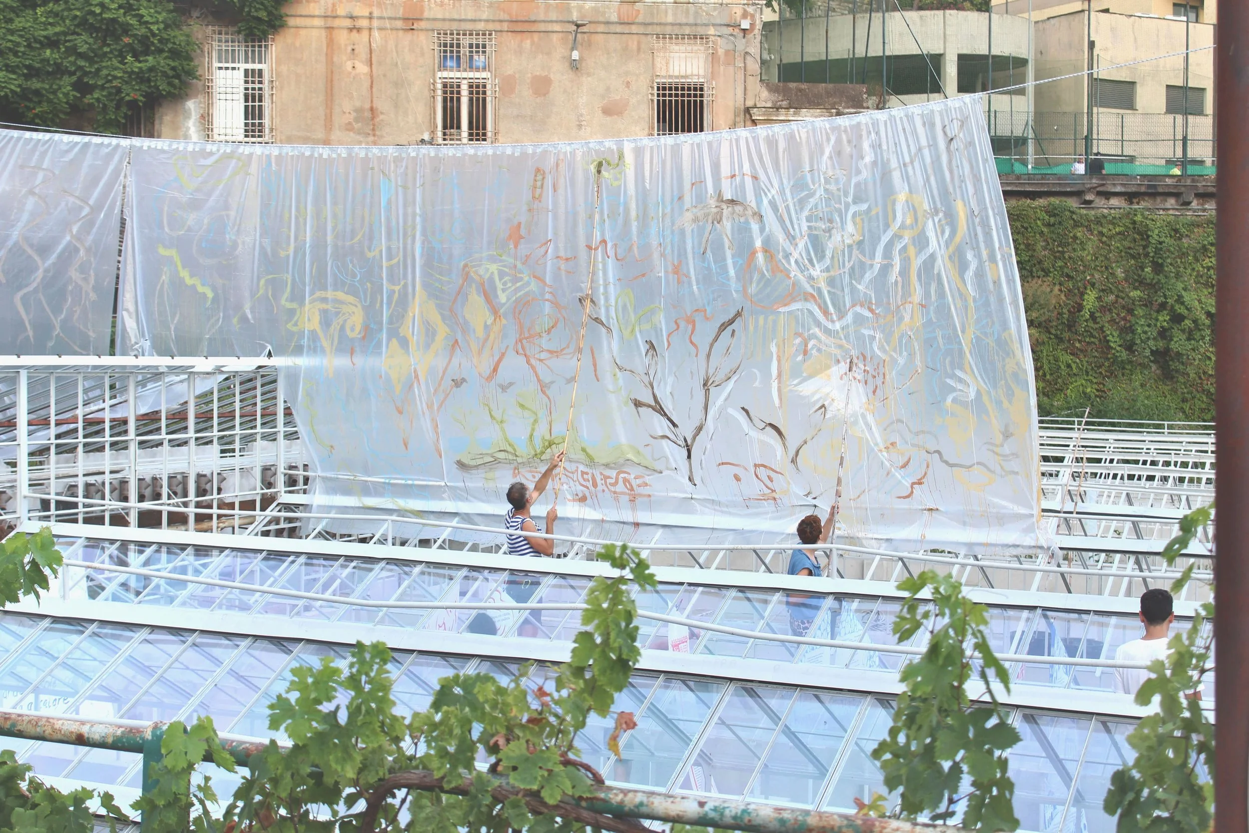 RIT.M.I by Davide Sozio, a collaborative painting residency in a former greenhouse, Genoa, Italy, 2025.
