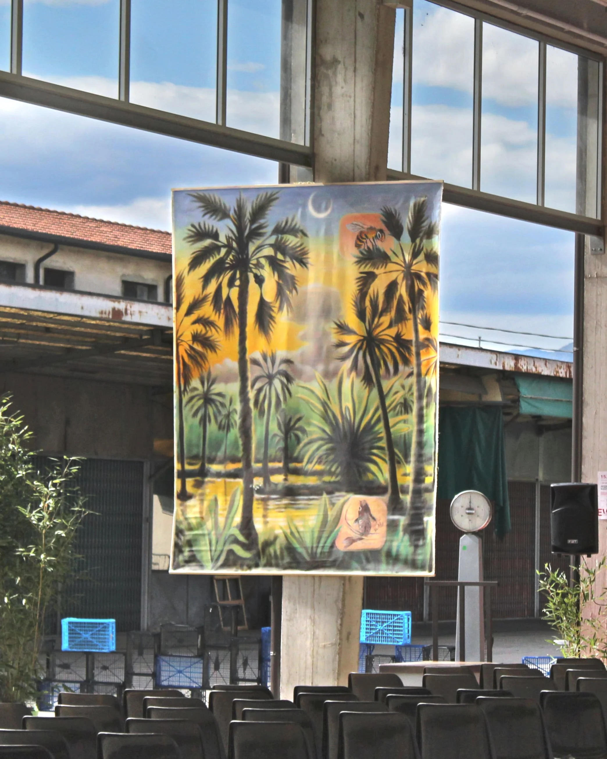 Il Mercato delle Idee by Davide Sozio, large-scale paintings installed in a Vicenza market, 2024.