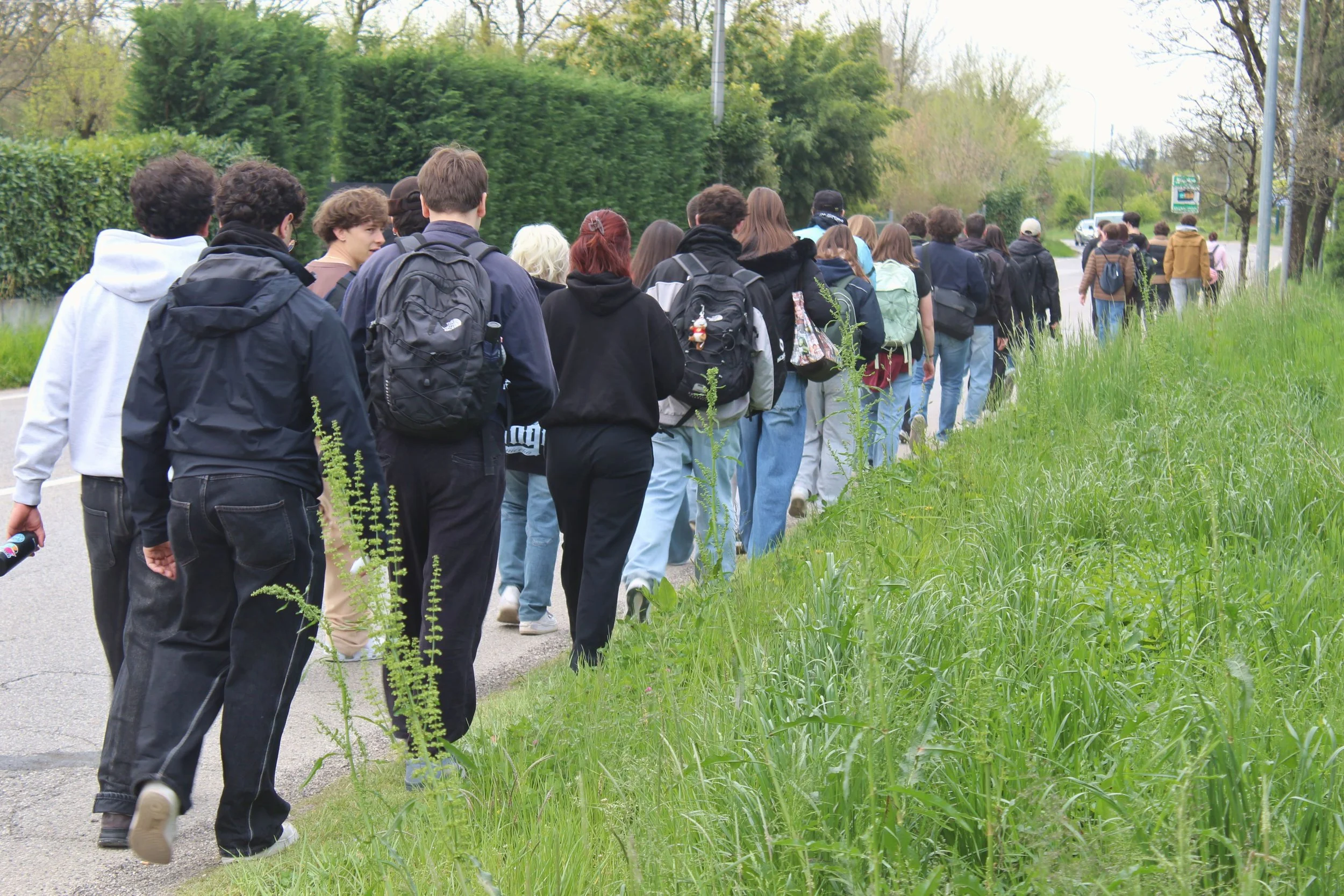Fifteen Thousand Steps by Davide Sozio, a participatory art project with IUAV University of Venice, 2026 - students walking the Strada Marosticana.