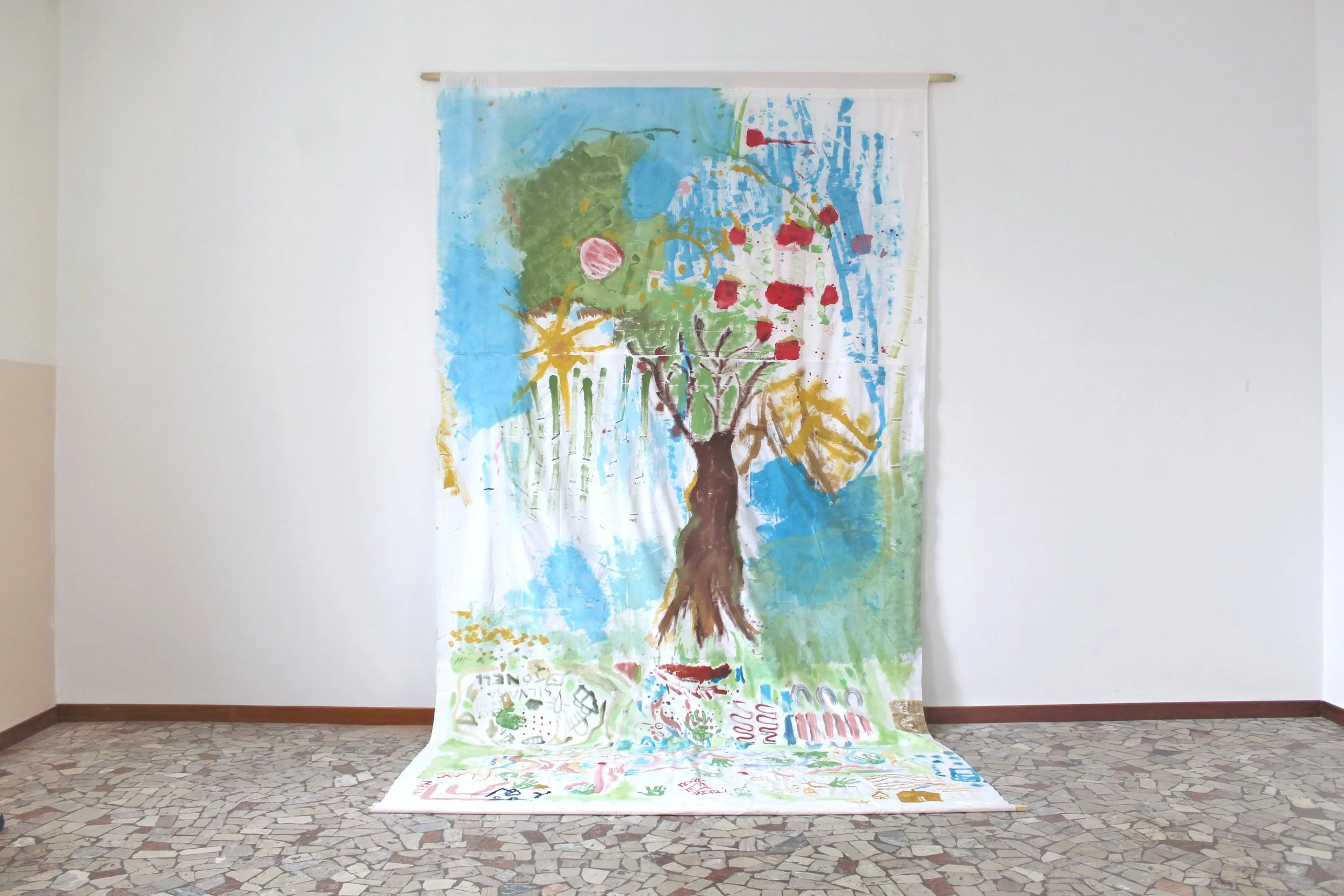 Sheets by Davide Sozio, a collaborative painting made in a psychogeriatric care ward, Vicenza, 2025 - installation view.