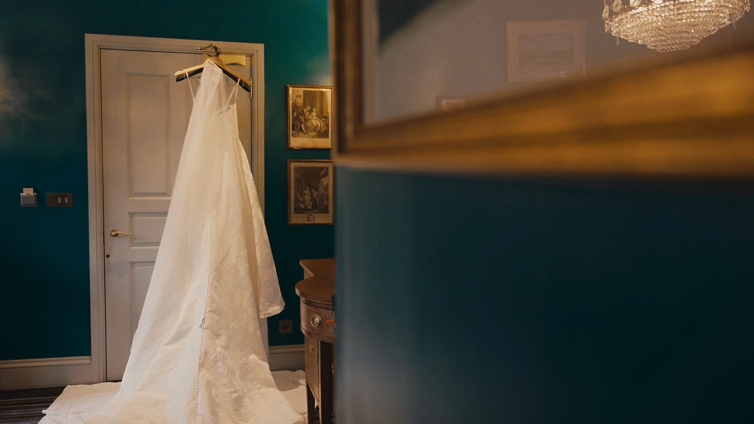 Wedding dress hanging up