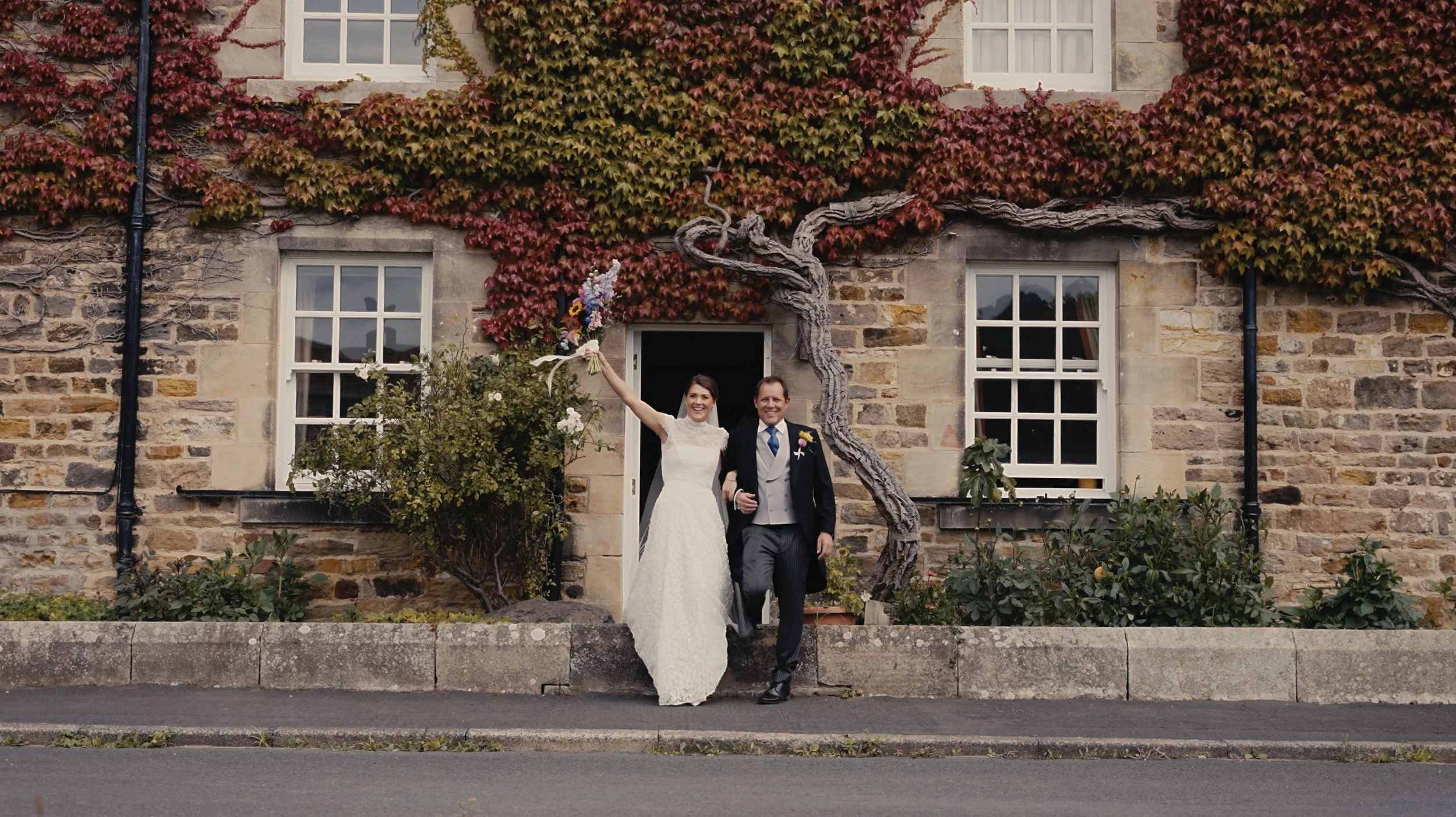Bride and dad leaving house