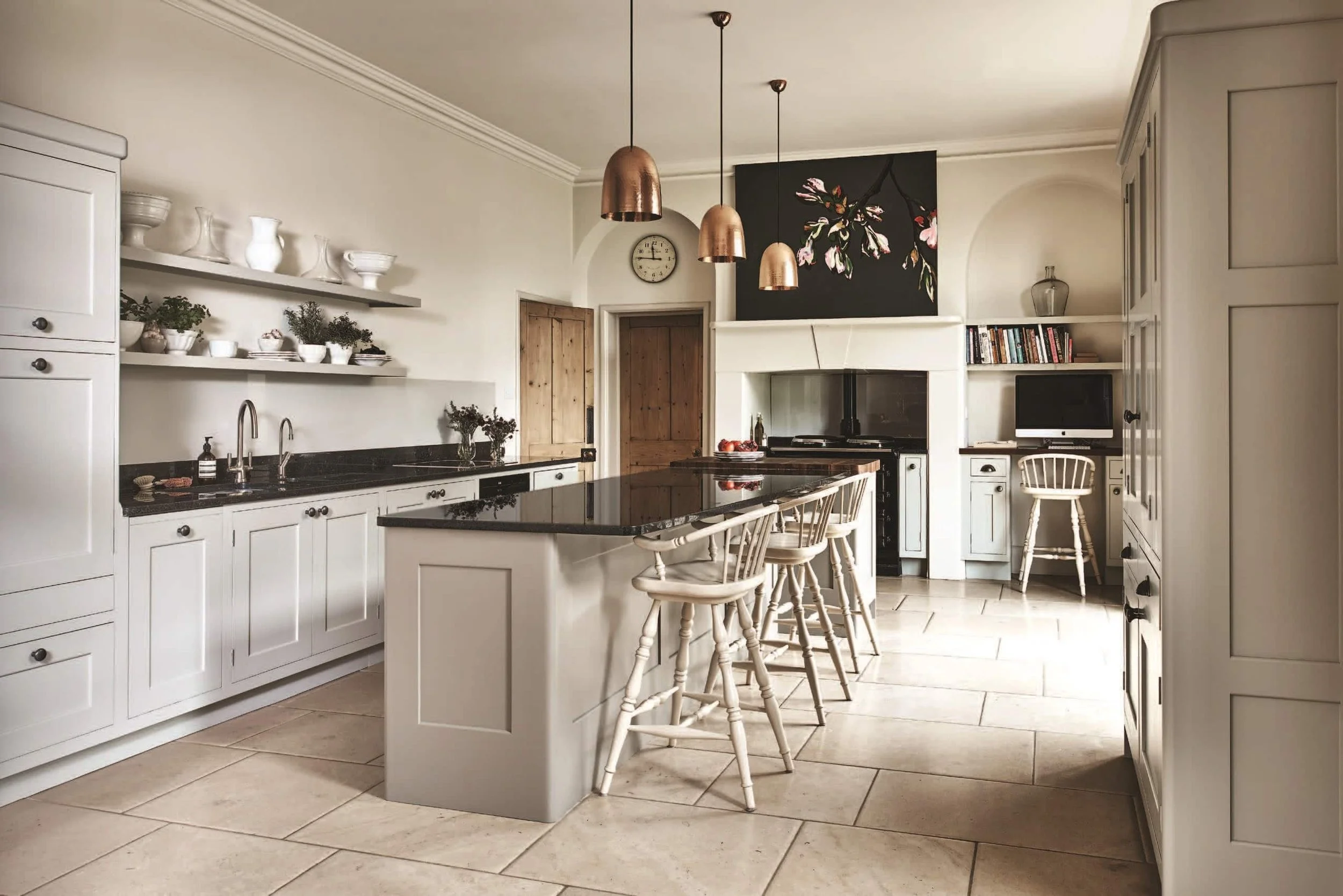 Georgian rectory kitchen with bespoke handcrafted island, cabinetry, Aga cooker and integrated home office.