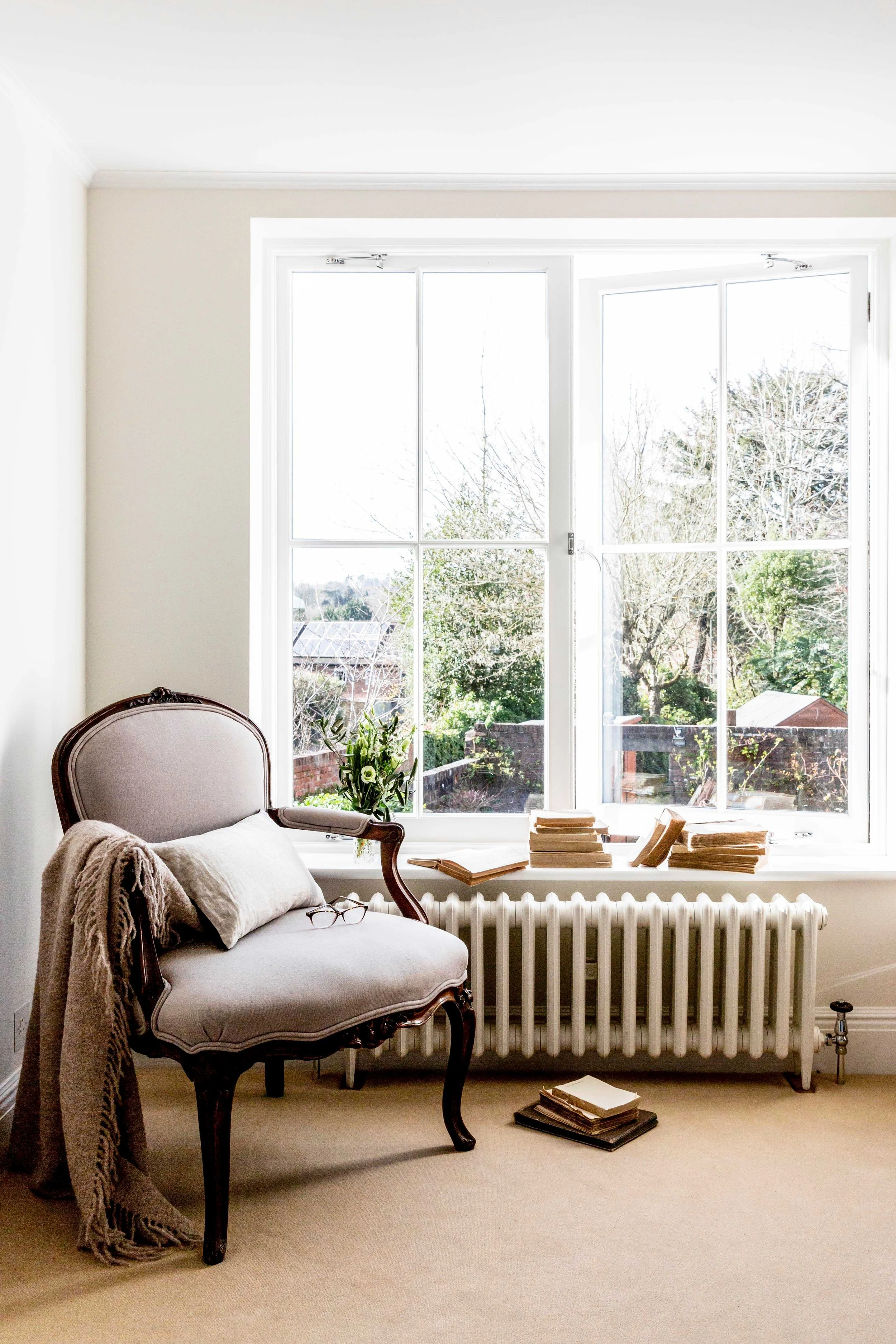 Reading nook with handmade joinery in refurbished Georgian Guildford townhouse.