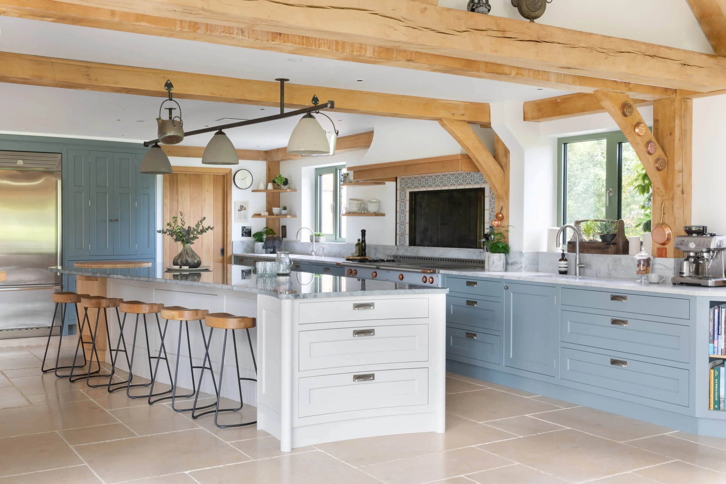 Contemporary Surrey kitchen with handmade green oak cabinetry and ancillary kitchen.