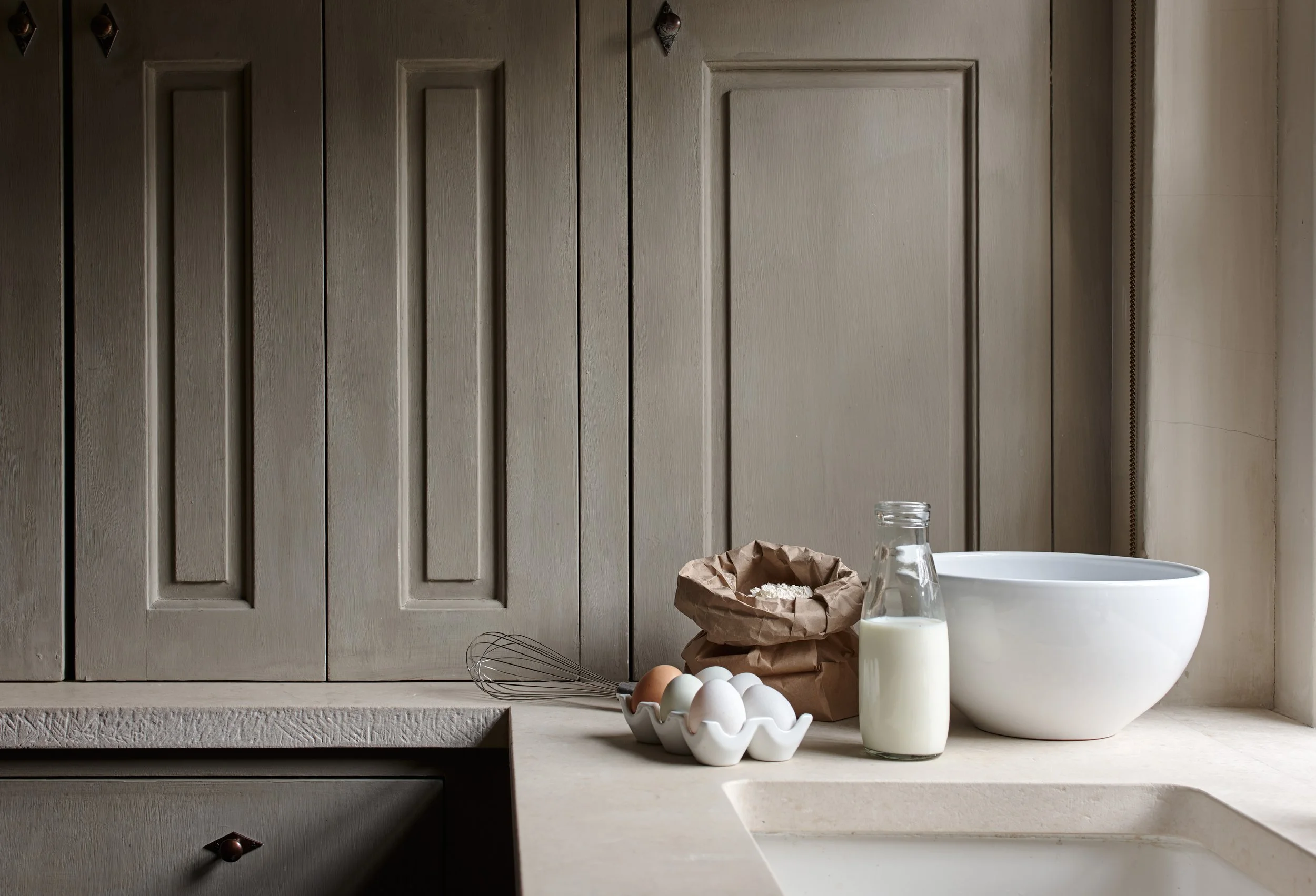 scullery with eggs and milk