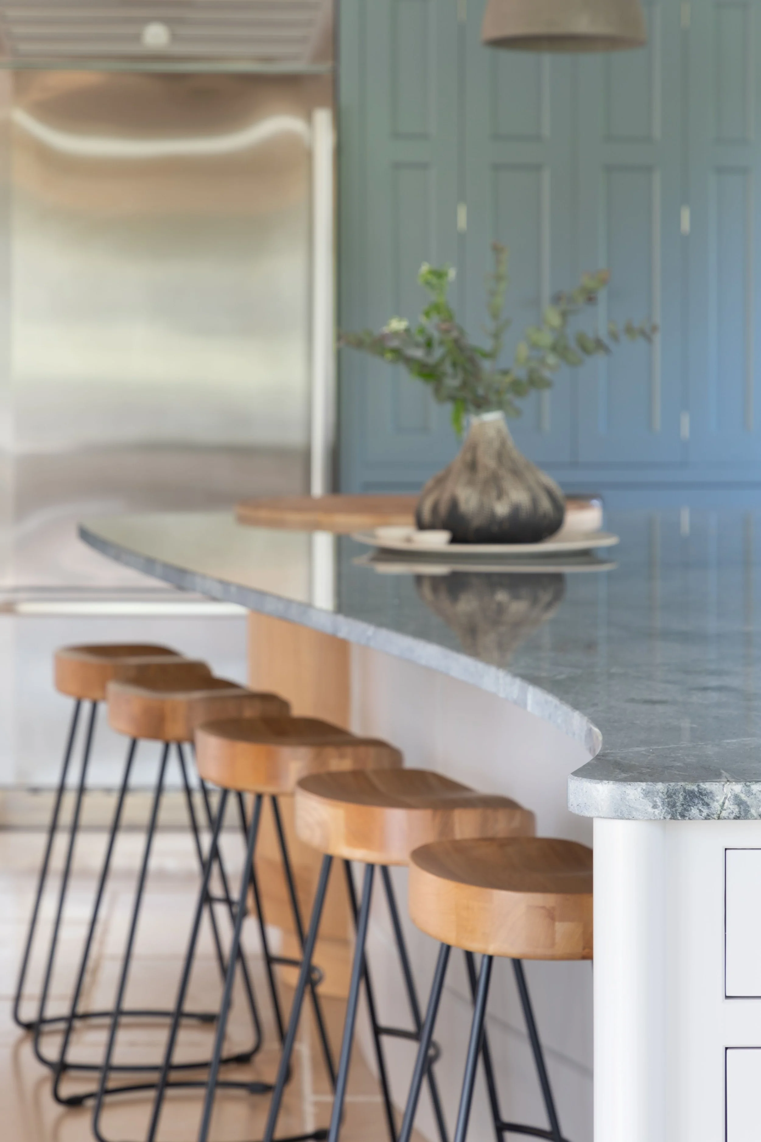 Handmade green oak bespoke kitchen in contemporary Surrey property.