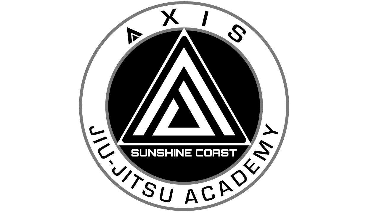 Black and white logo with a circular design, featuring a triangle with lines inside, the text "SUNSHINE COAST" beneath the triangle, and the words "AXIS JIU-JITSU ACADEMY" around the outer circle.