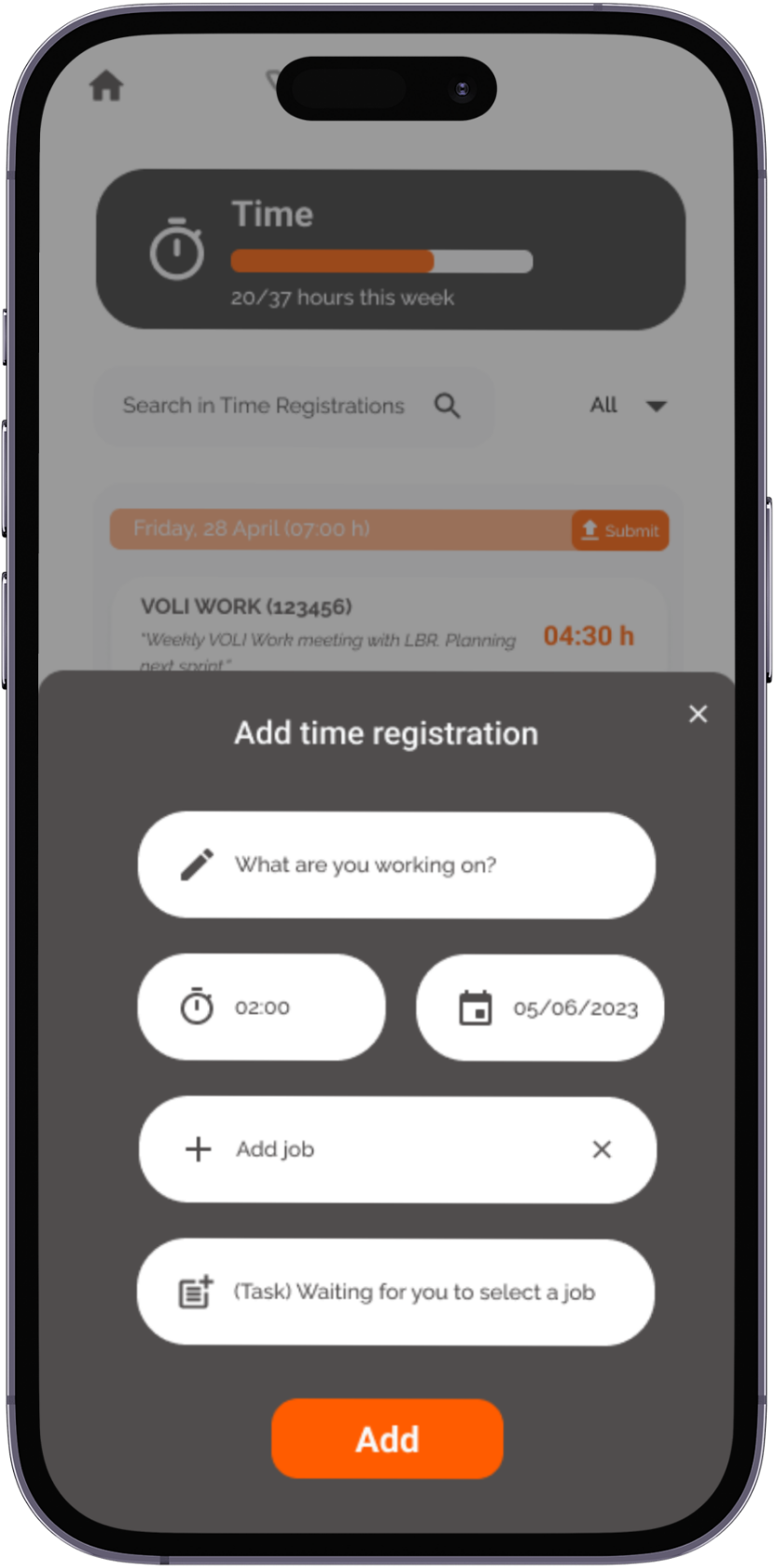 A smartphone screen displaying a time tracking app with logged hours, time registration entries, and options to add or submit work hours.