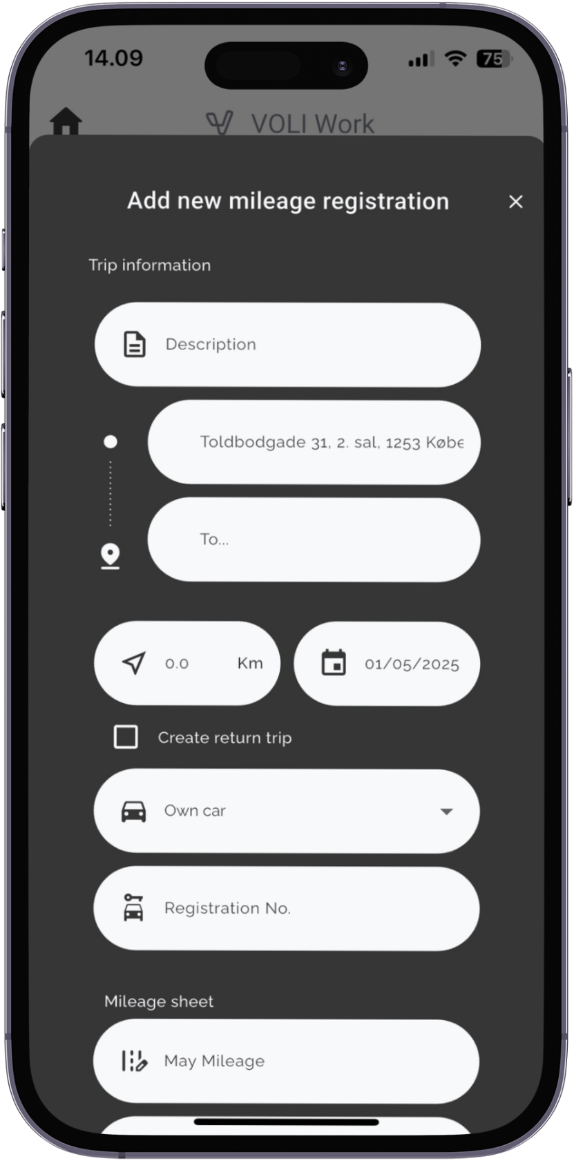 Smartphone screen displaying a vehicle mileage tracking app with sections for logging mileage, recent entries, and a navigation bar at the bottom.