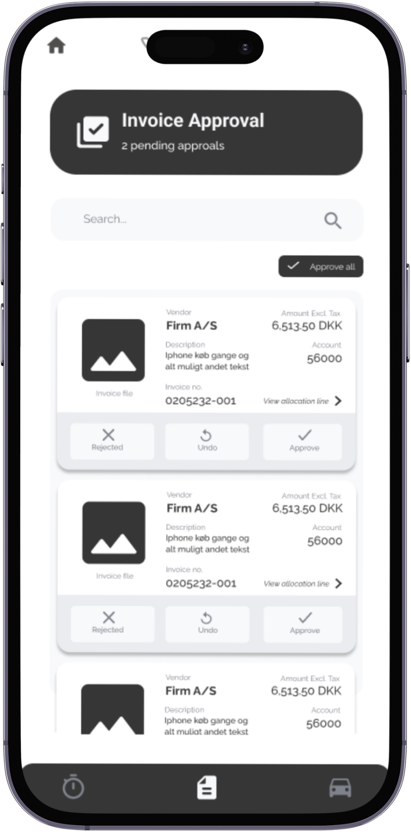 Smartphone screen displaying a work app titled 'Voli Work' with an 'Invoice Approval' section showing pending approvals, each with vendor details, invoice numbers, and options to reject, undo, or approve.