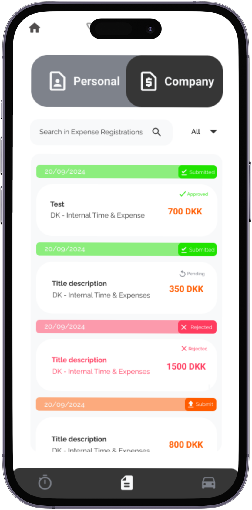 Mobile phone screen displaying the VOLI Work app with an expense tracking interface. The screen shows a scanner button, expense details, and open sheets in the top menu.