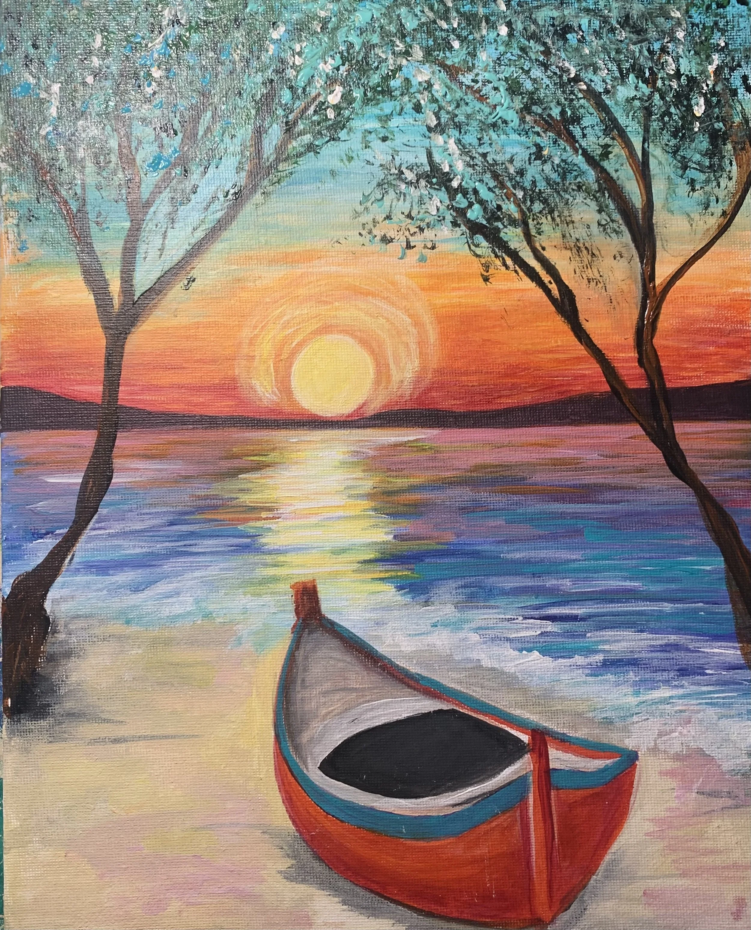 Thursdays’ Paint & Wine Night. Painting a Sunset with a boat on the beach