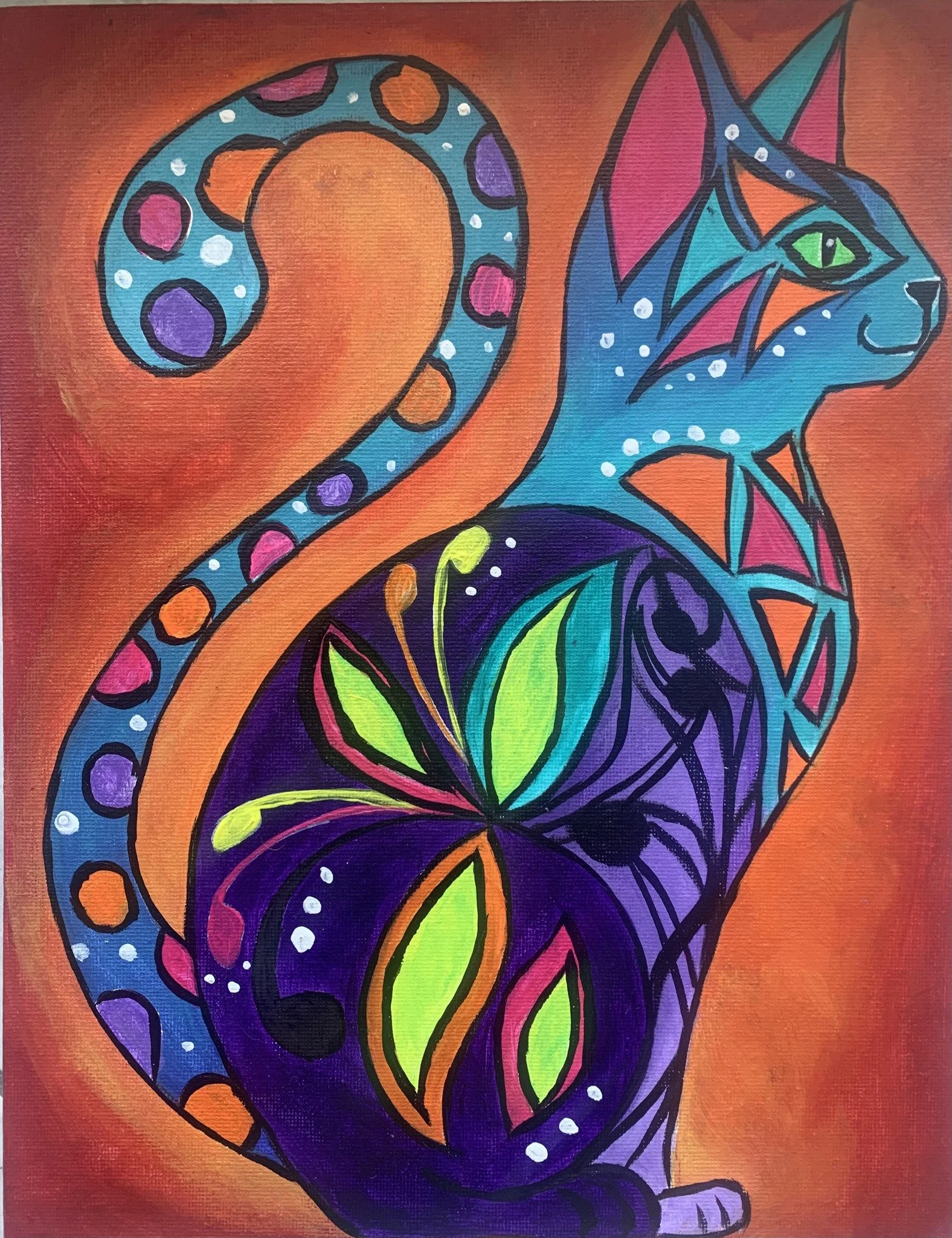 Thursdays Paint and Wine, Painting an Abstract and Colorful Cat