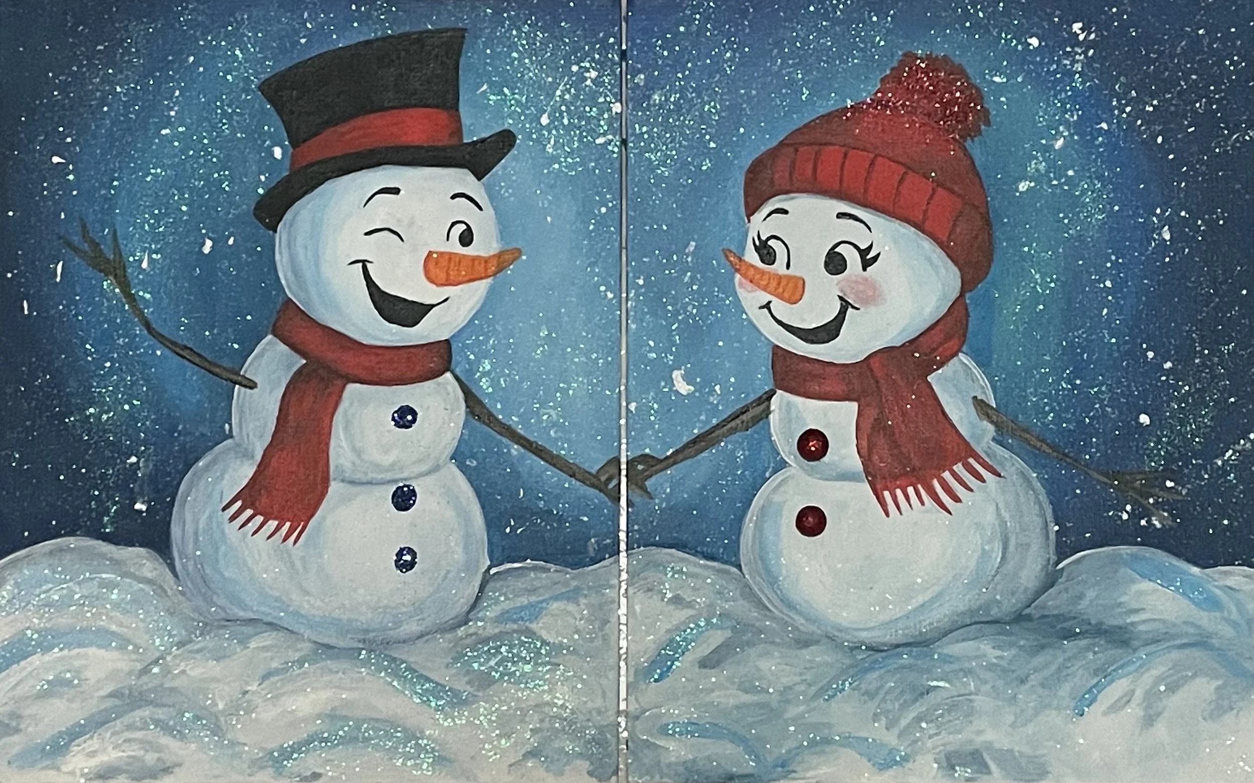 Couples Paint & Wine Night. Painting a Cute Snowmen Couple