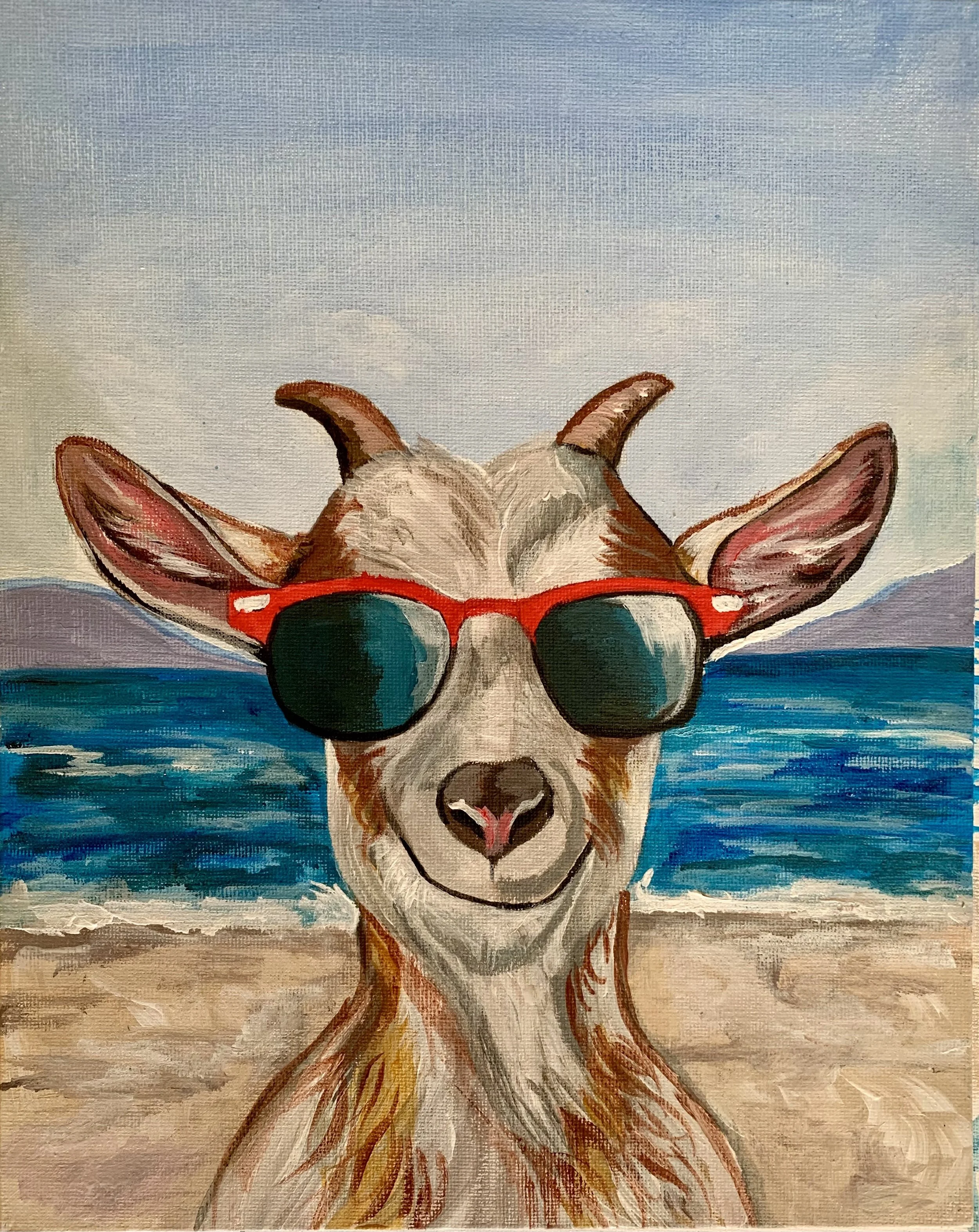 Paint and Mimosa Morning across from the Beautiful Nea Chora Beach. Painting a Fun Cool Goat