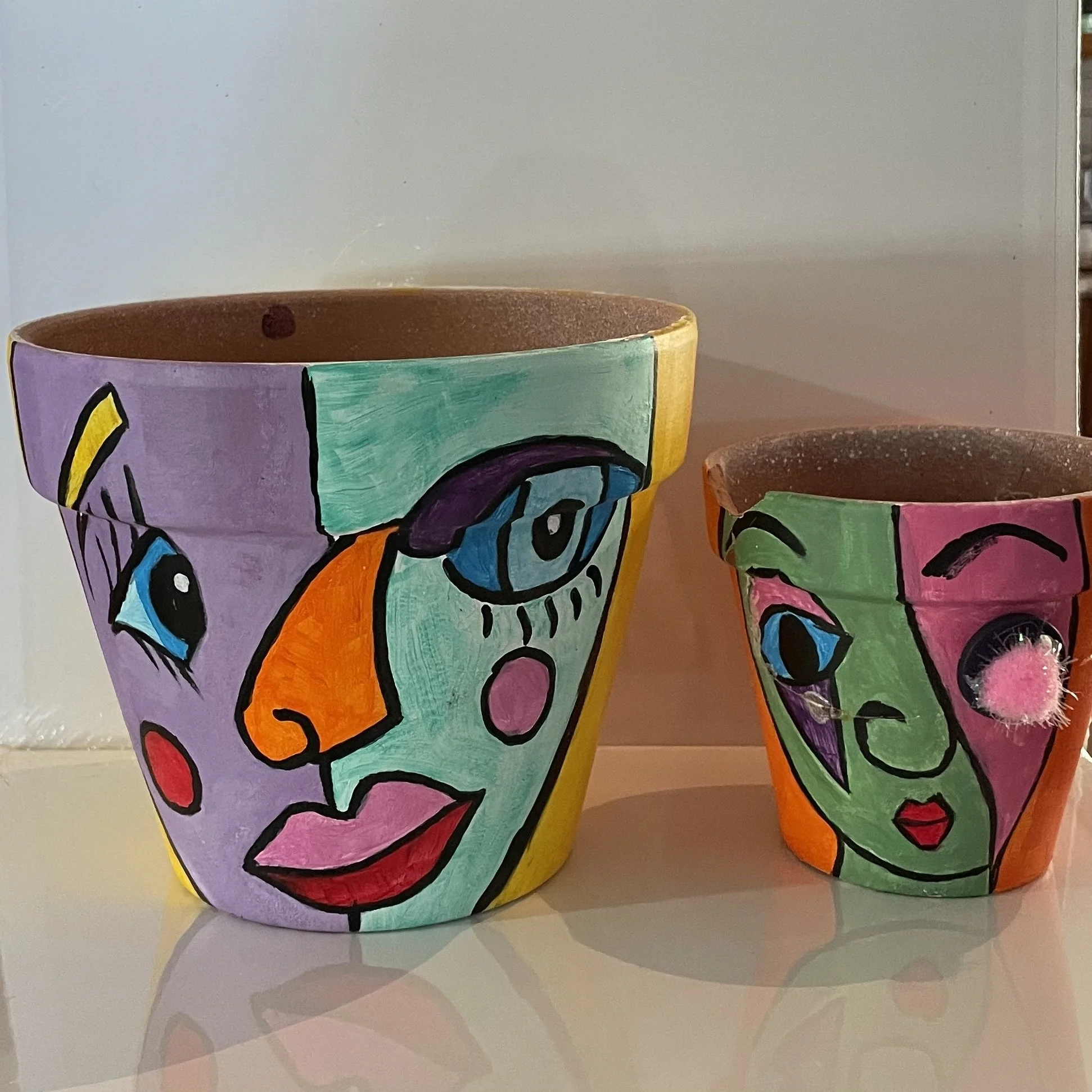 Paint and Mimosa Morning. Painting Fun Picasso Style Faces on to Plant Pots