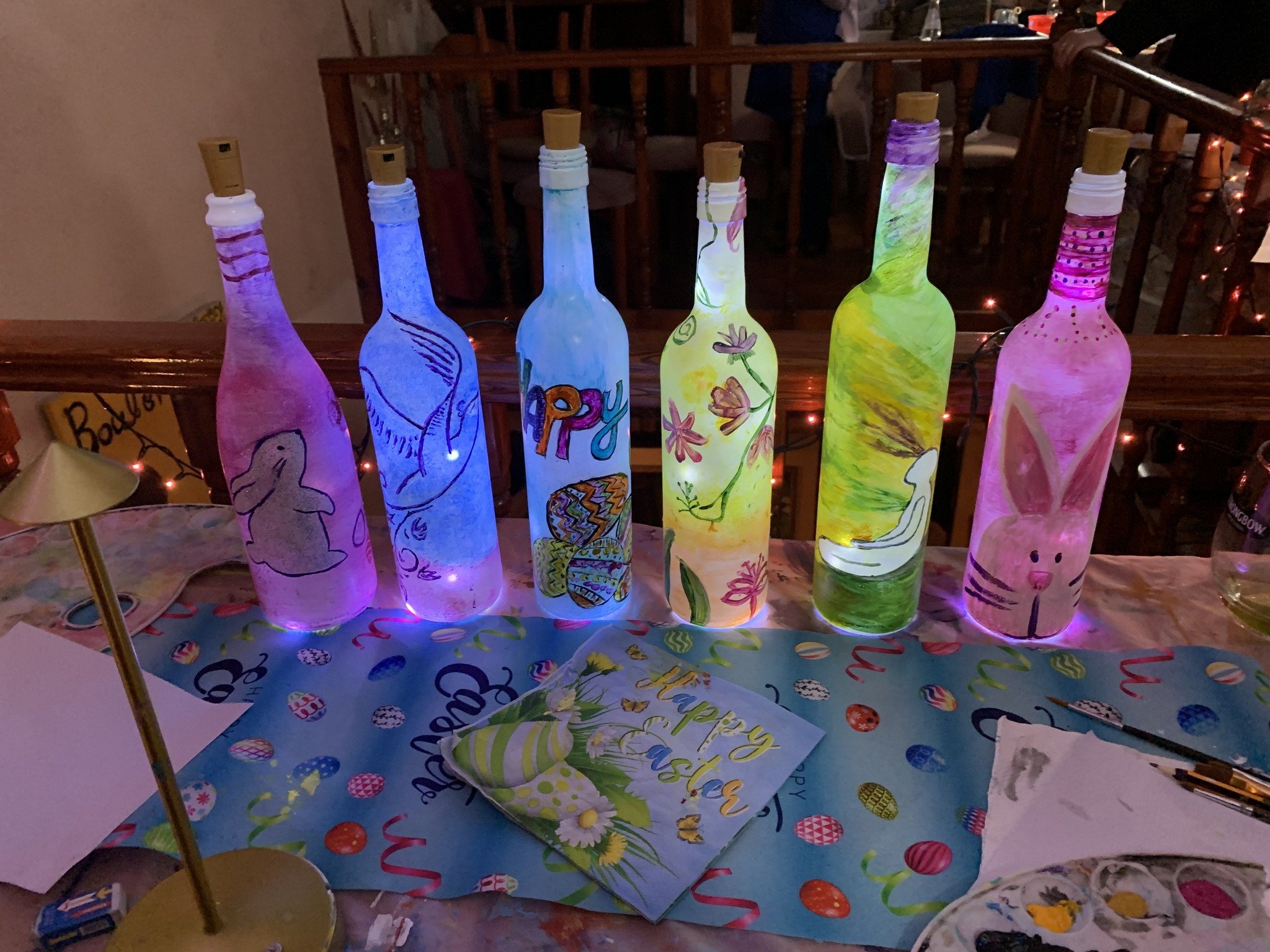 Thursday's Paint & Sip Event in Chania City. Painting Wine Bottles to make Cute Easter Lamps