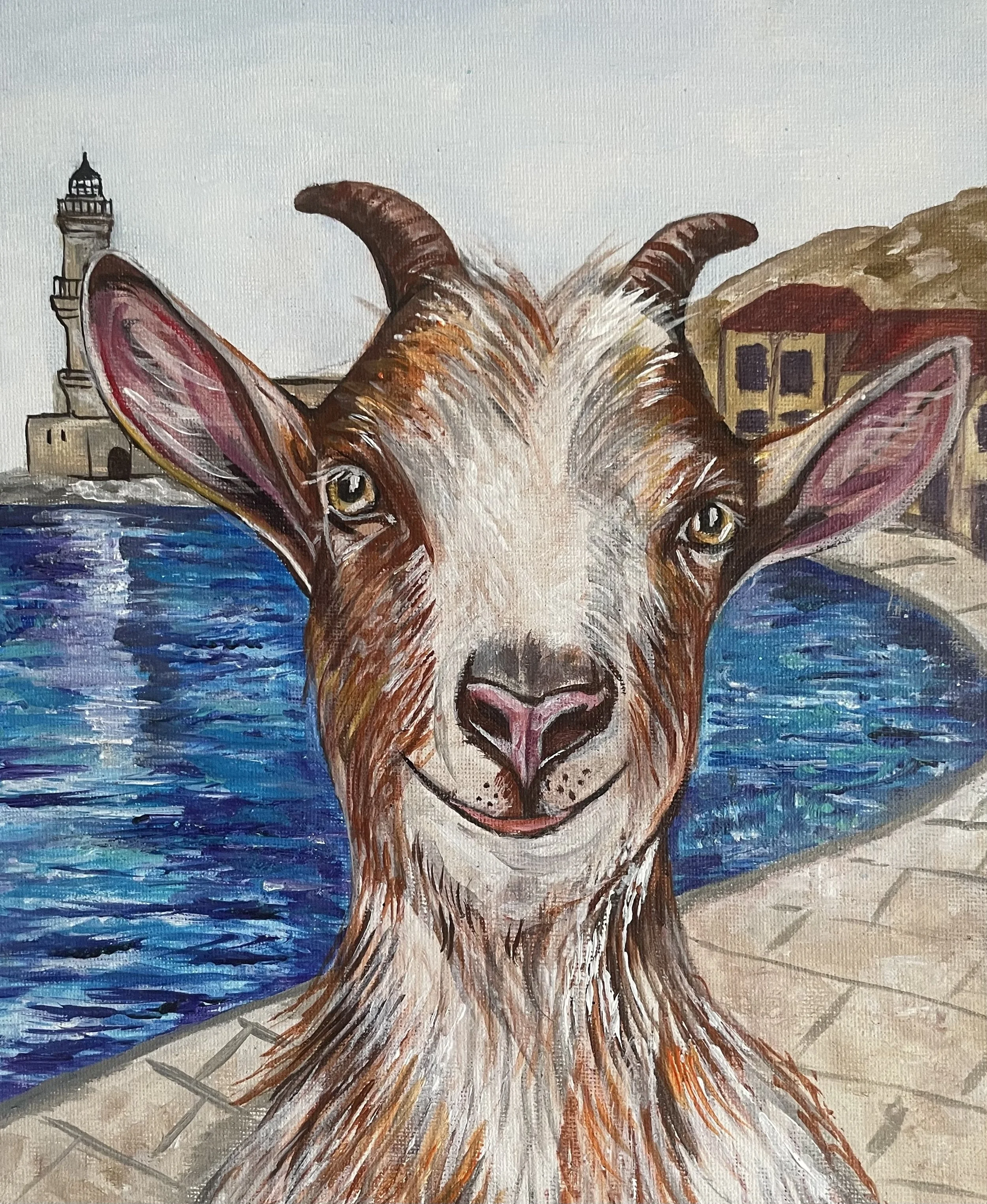 Painting a Goat along The Chania Harbor 