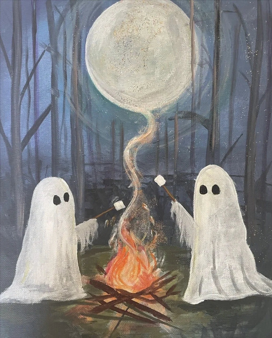 Paint and Sip along the beautiful Chania Harbor. Painting two ghosts toasting marshmallows