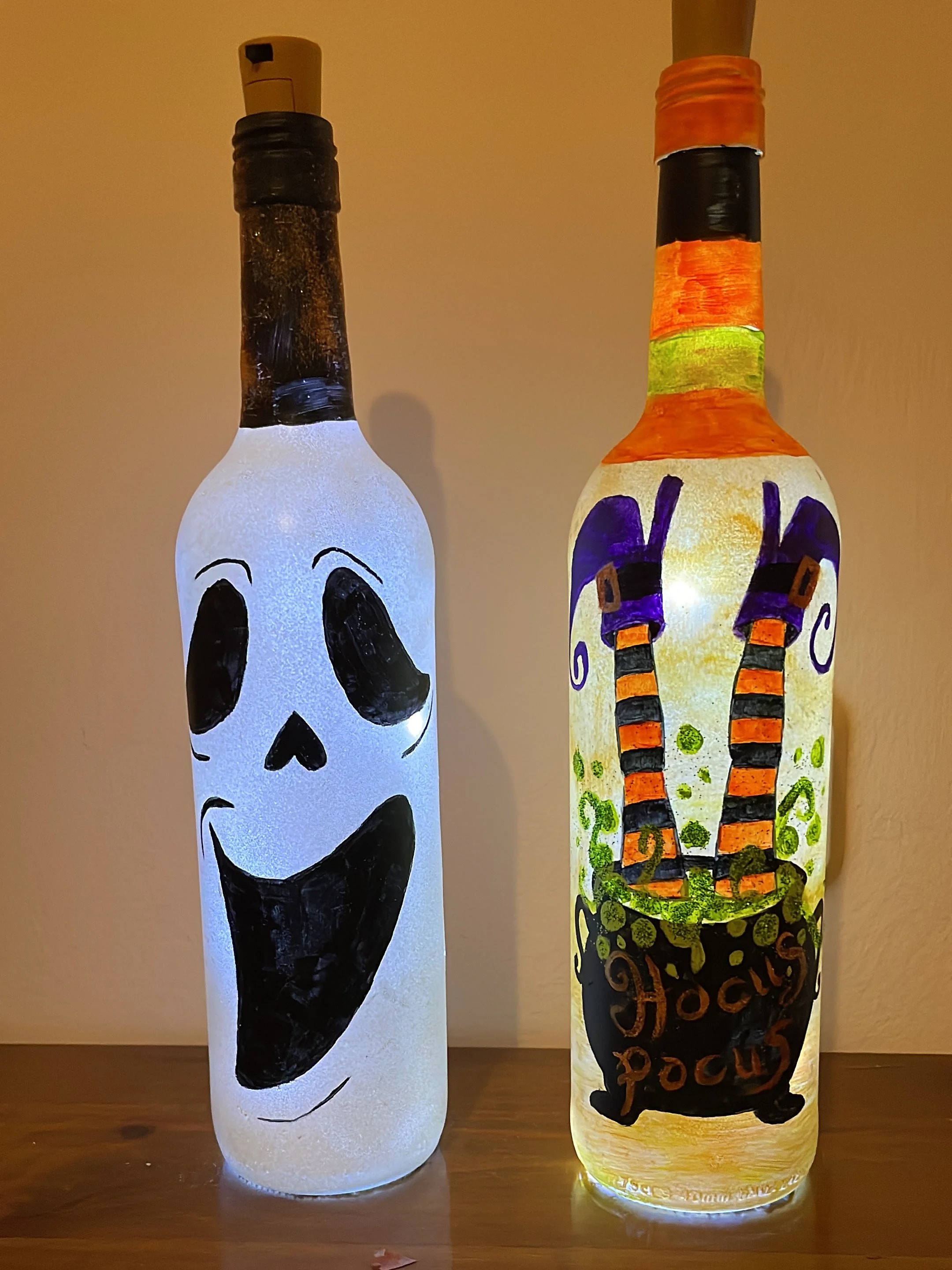 Painting on Wine Bottles. Make Cute Halloween Lamps