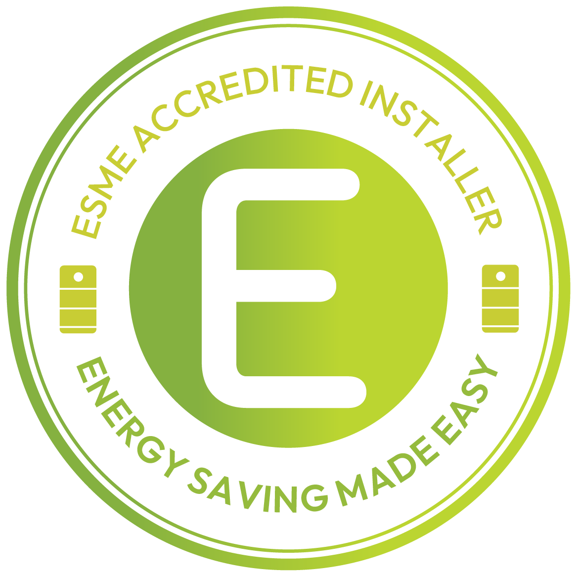 ESME energy savings certification badge  'ESME Certified Installer,' 'Energy Saving Made Easy,'