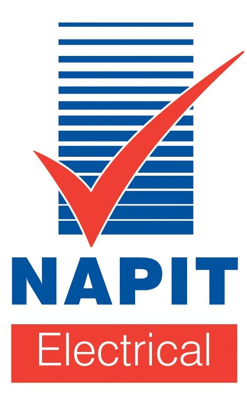 NAPIT Electrical logo with a large red checkmark over blue horizontal lines and the words 'NAPIT Electrical' in blue and red text.