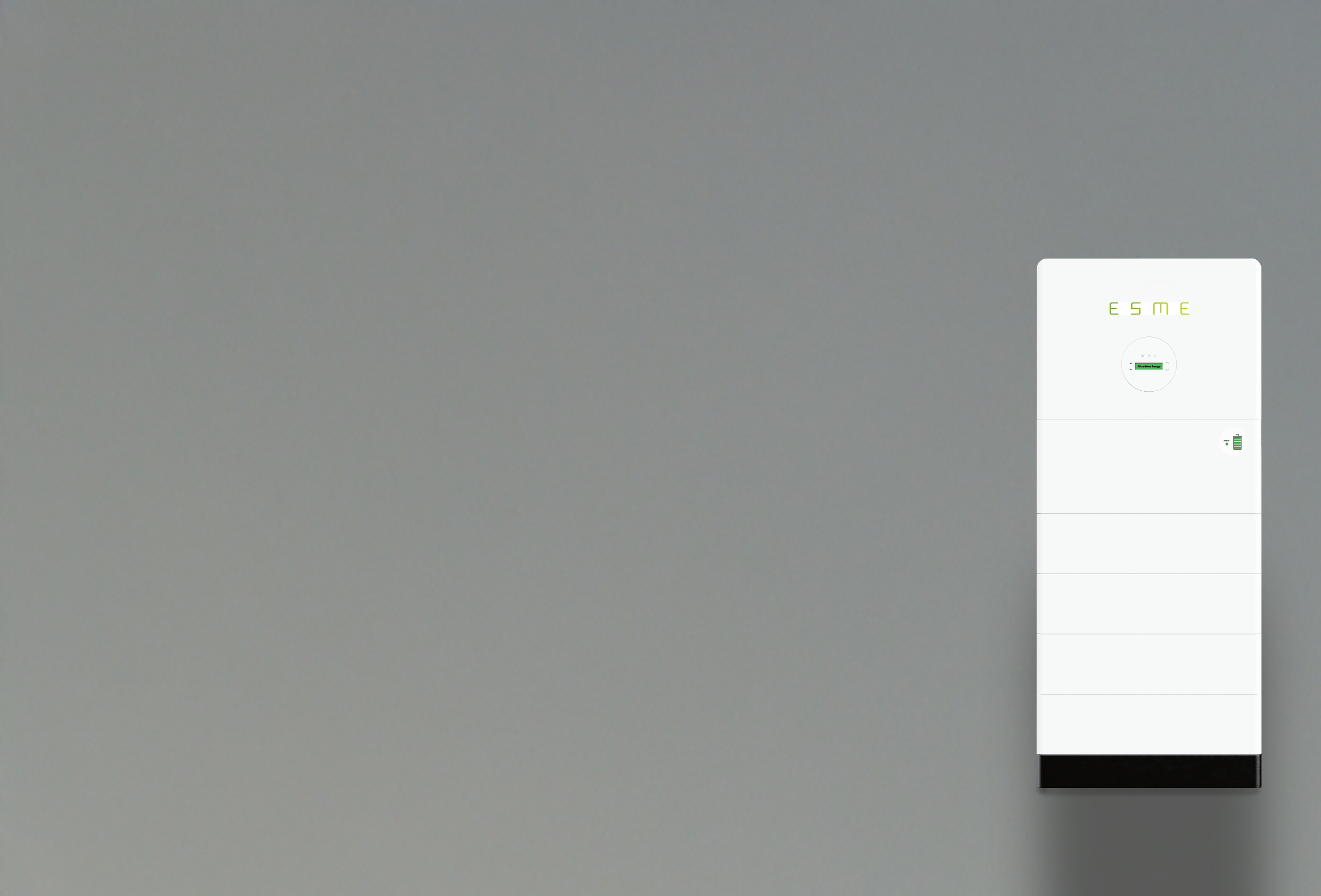 A white ESME battery storage device with a digital display and battery icon